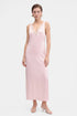 Blush lace slip dress, front view, lace detail, model wearing heels.