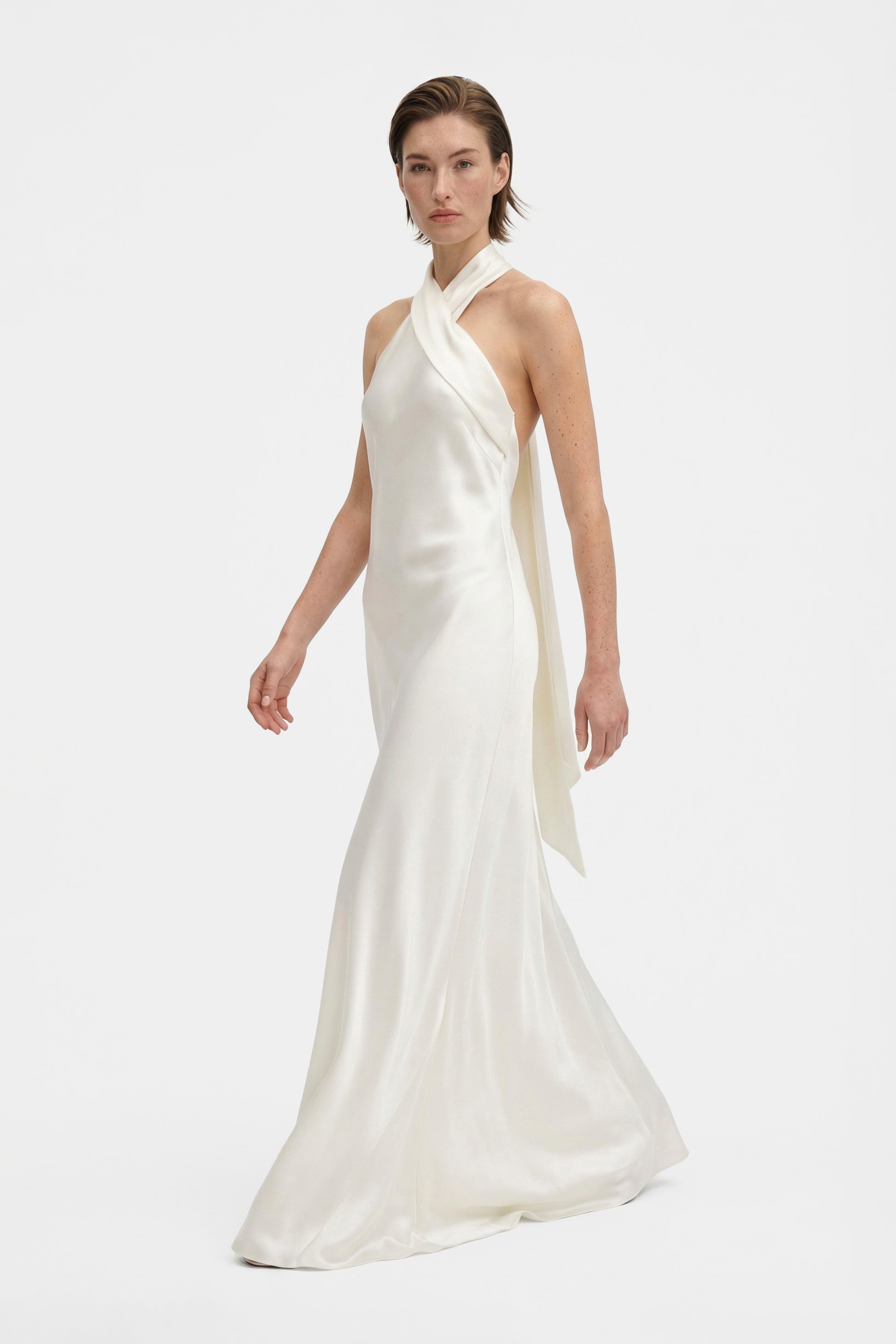 white silk halter dress Six Stories Womens Ivory Halter-neck Satin Mini 10 See plus Deep V-Neck Long Off-White Prom