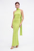 Model in lime asymmetric halter dress, front view, gold accessories, white background.