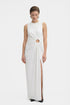Front view of white gown with cut-out detail and thigh-high slit.