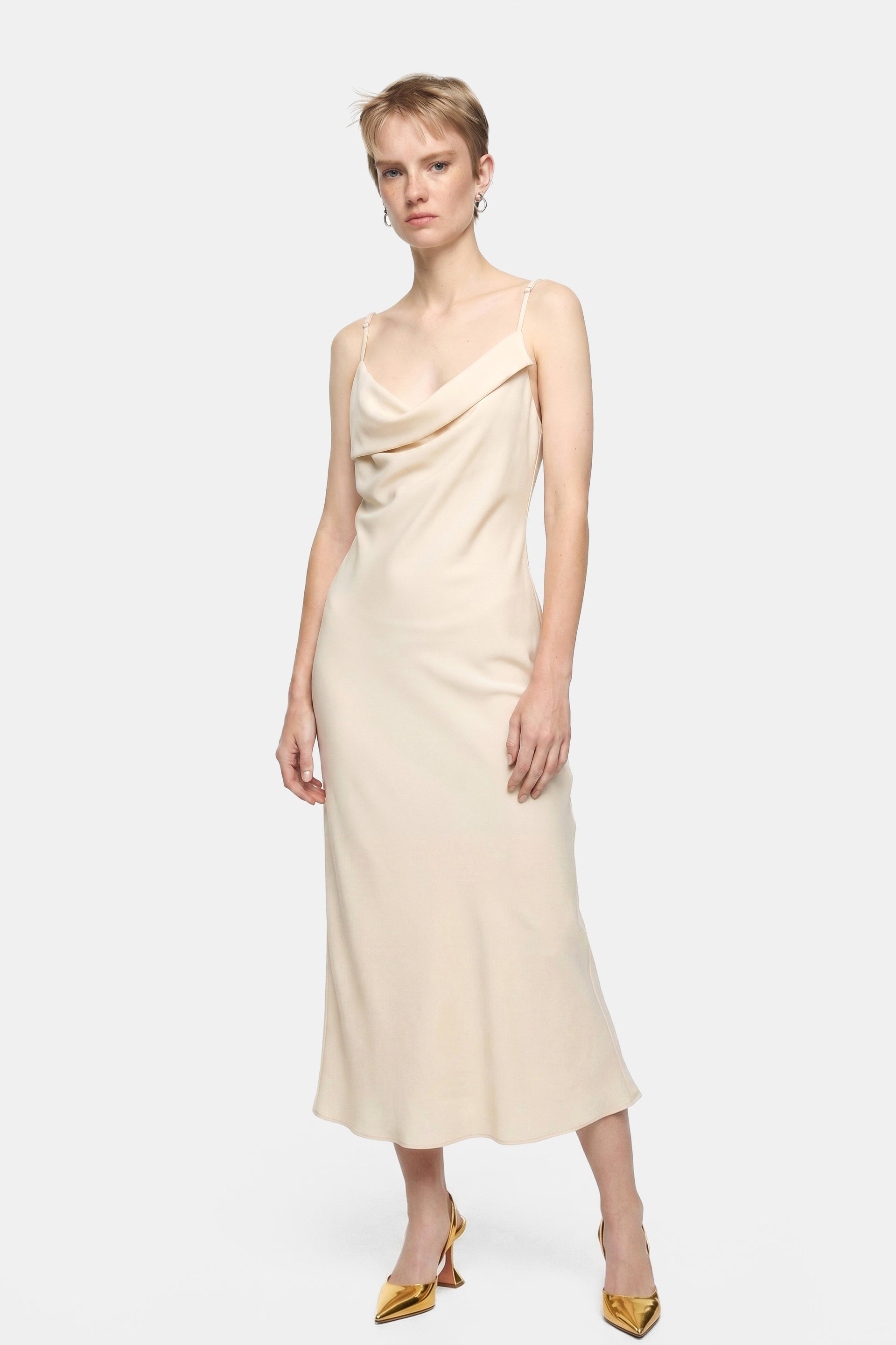 beige satin slip dress L'AGENCE Seridie Silk Slip Dress in Champagne