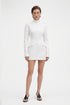 Front view of white structured mini dress with long sleeves and sleek design.