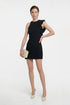 Model wearing a black mini dress with ruffle shoulder, holding woven clutch.