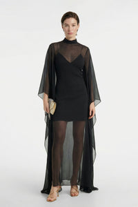 Black column gown with sheer chiffon overlay, front view