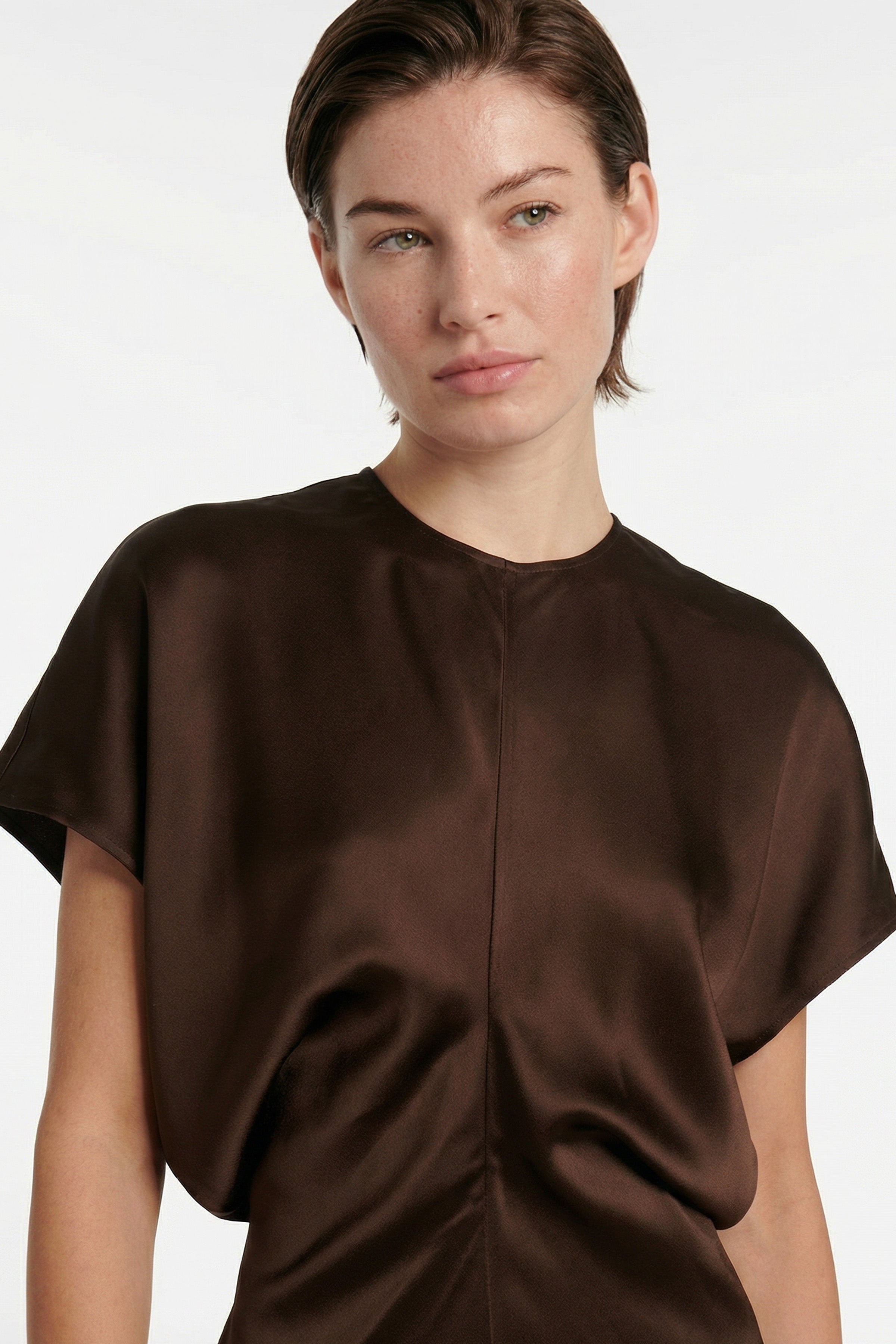 Front view of Chocolate Satin Maxi Dress on model, showing shoulder and neckline detail.