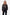 Front view of black leather bomber jacket, worn by model, hands in pockets.