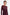 Front view of burgundy ruched long sleeve dress on model, close-up detail.