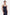 Front view of model in square neck denim midi dress, neutral expression.