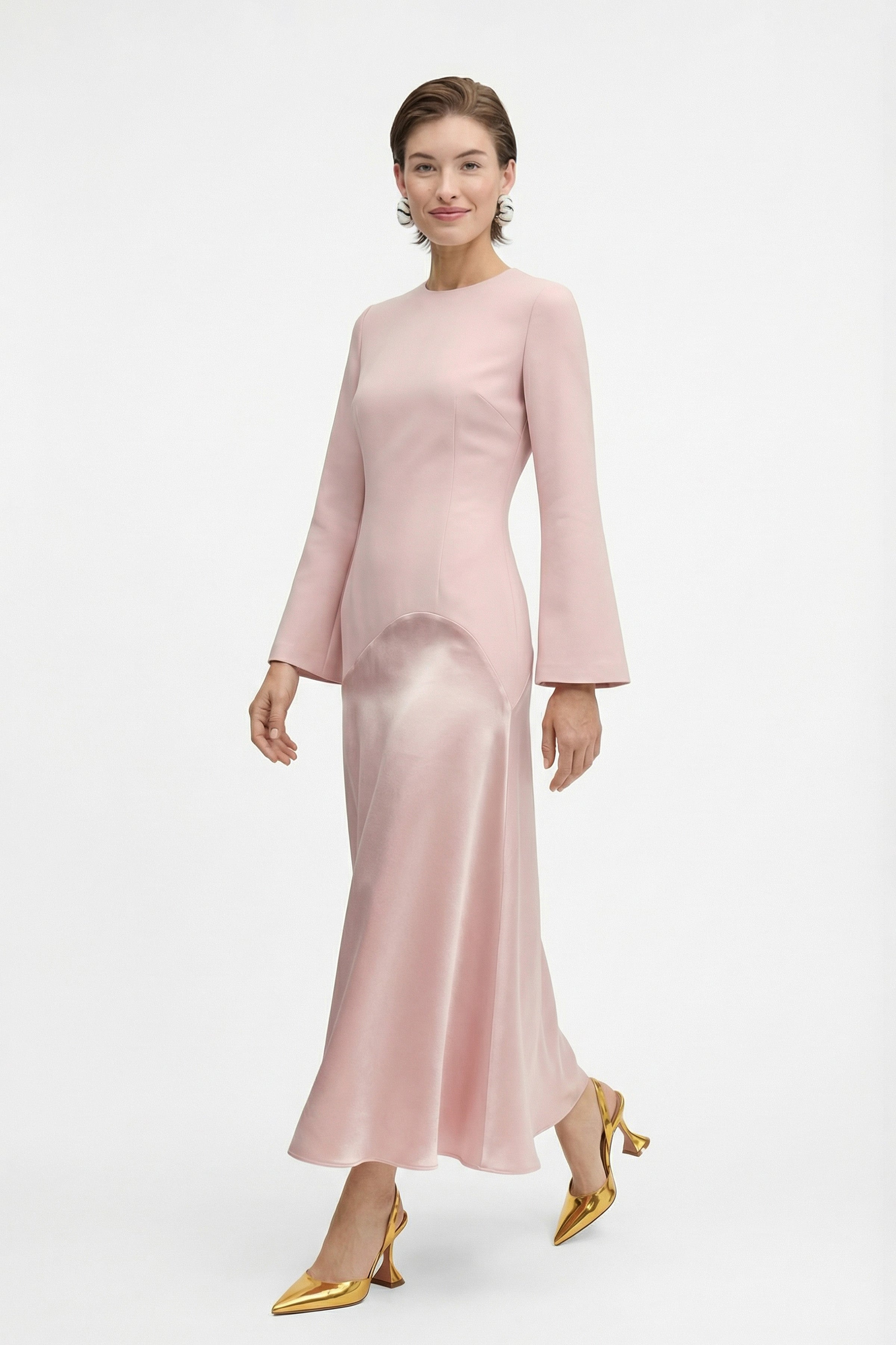 Pink satin-crepe gown, front view, full length