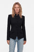 Structured black blazer with front buttons and flap pockets, shown on model.