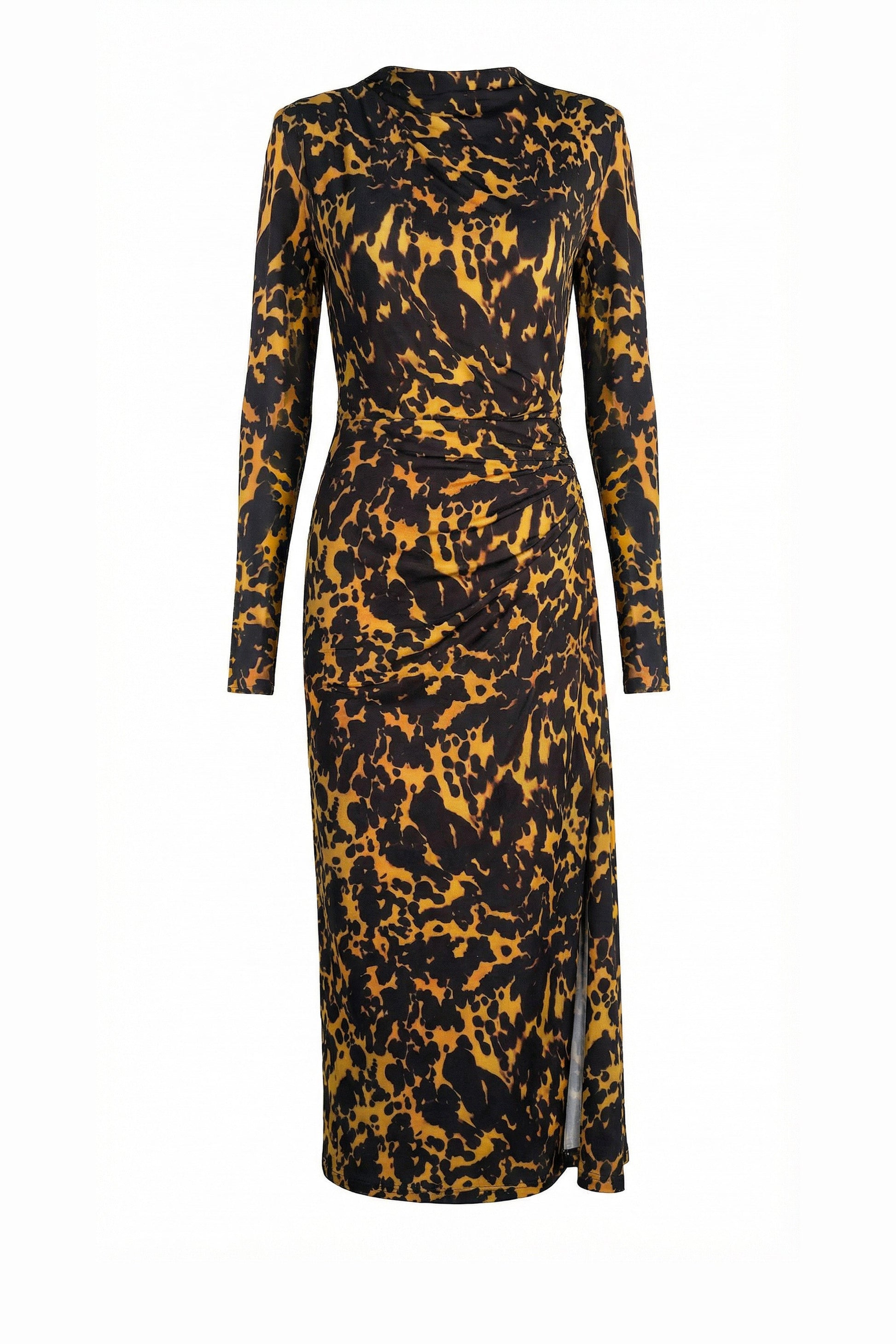 Front view of an abstract black and amber animal print midi dress with long sleeves and pleated waist detail, ghost mannequin style.