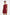 Front view of scarlet mini dress with ruffled shoulder detail. Model's hair short.
