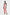 Model in watercolor one-shoulder dress, pink-orange print, standing front view.