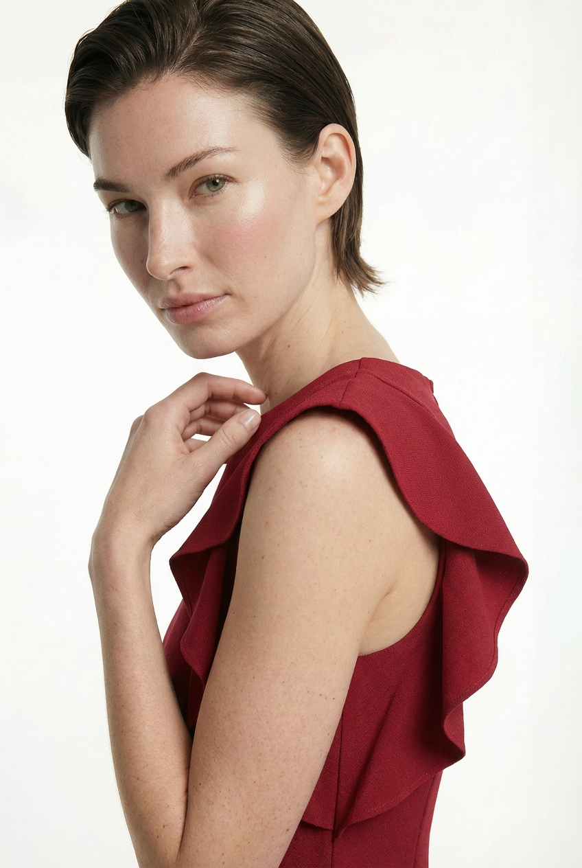 Model in ruffled scarlet mini dress, side view, soft fabric detail visible.
