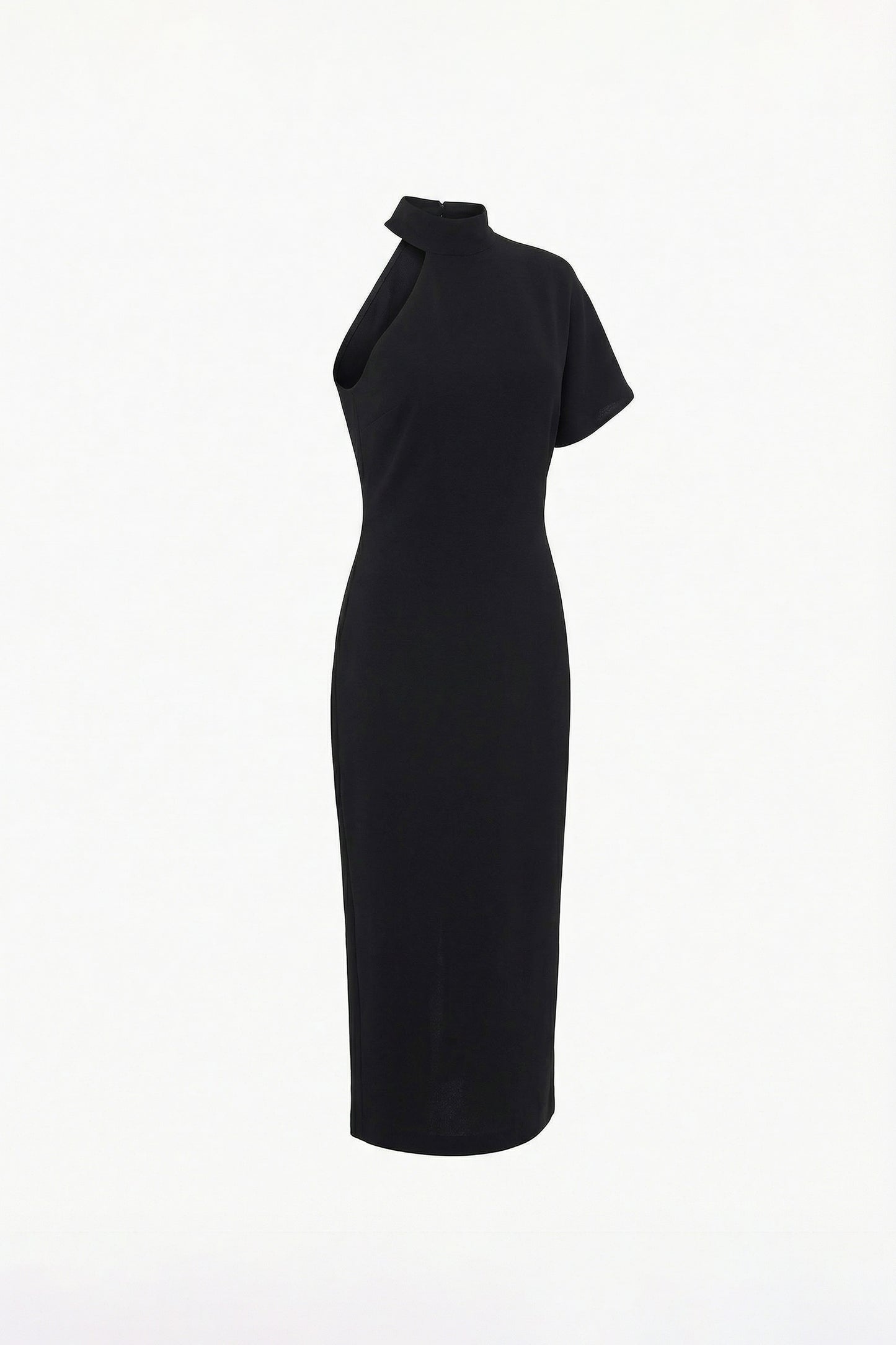 Front view of asymmetrical black midi dress with unique cutout detail.