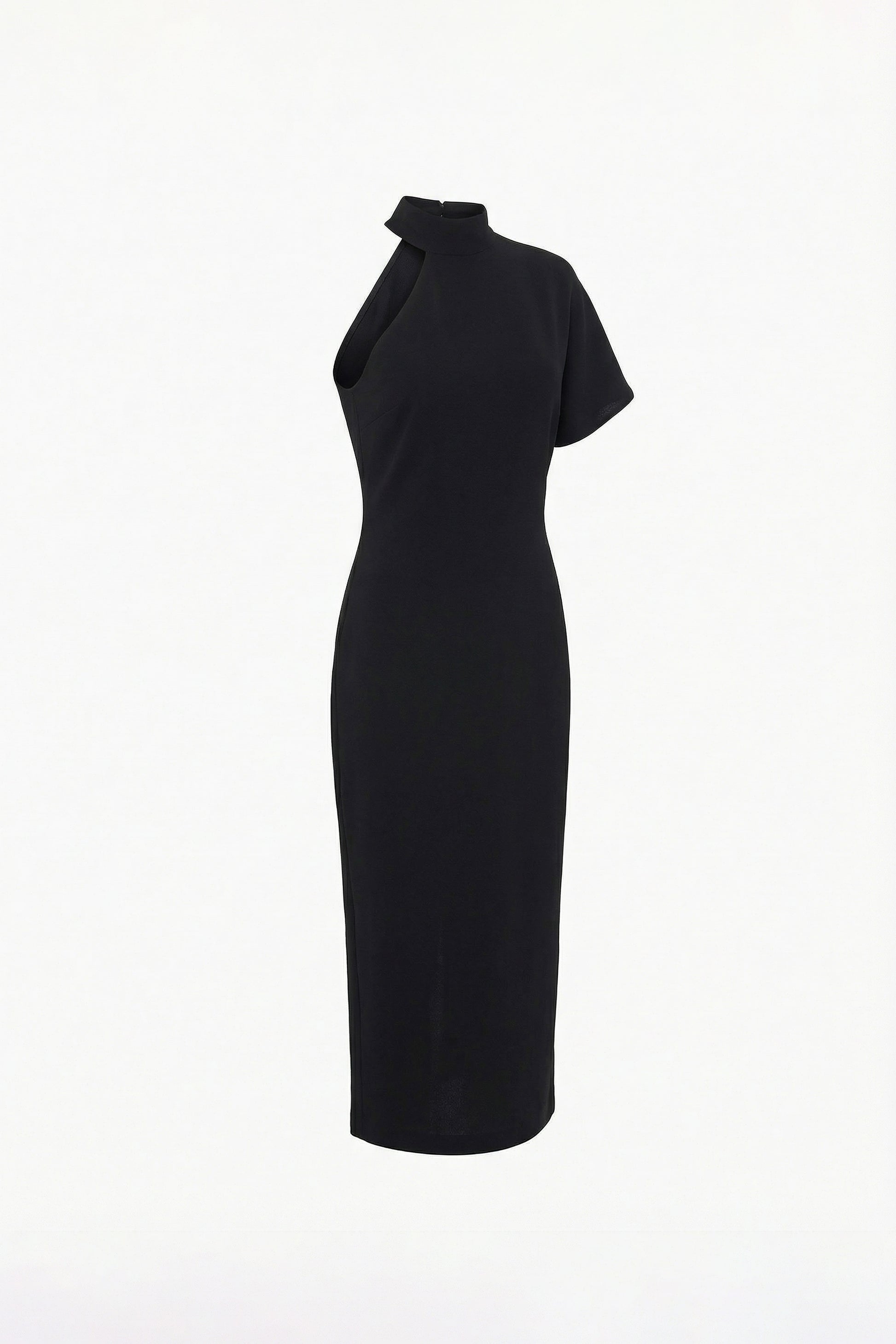 Front view of asymmetrical black midi dress with unique cutout detail.