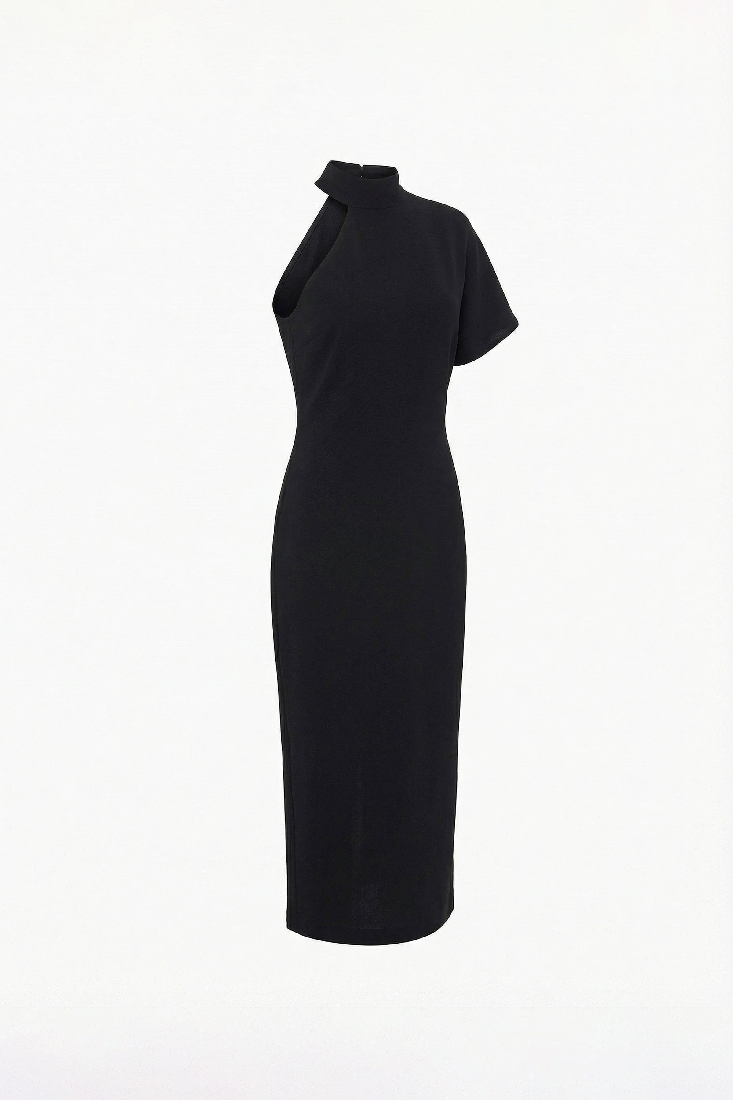 Front view of asymmetrical black midi dress with unique cutout detail.