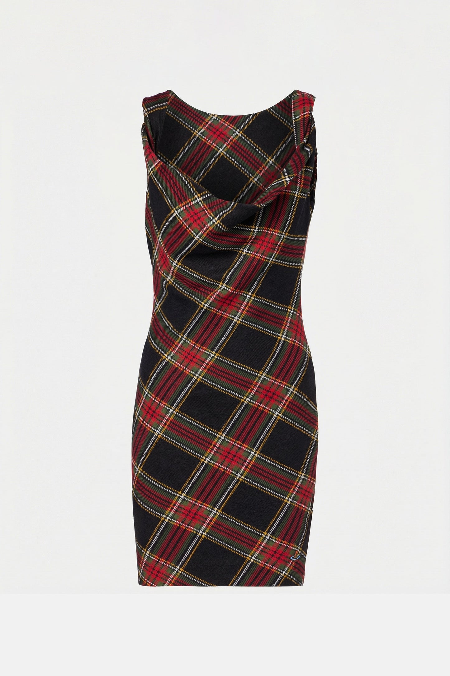 Sleeveless mini dress with plaid design and front draping. Front view.