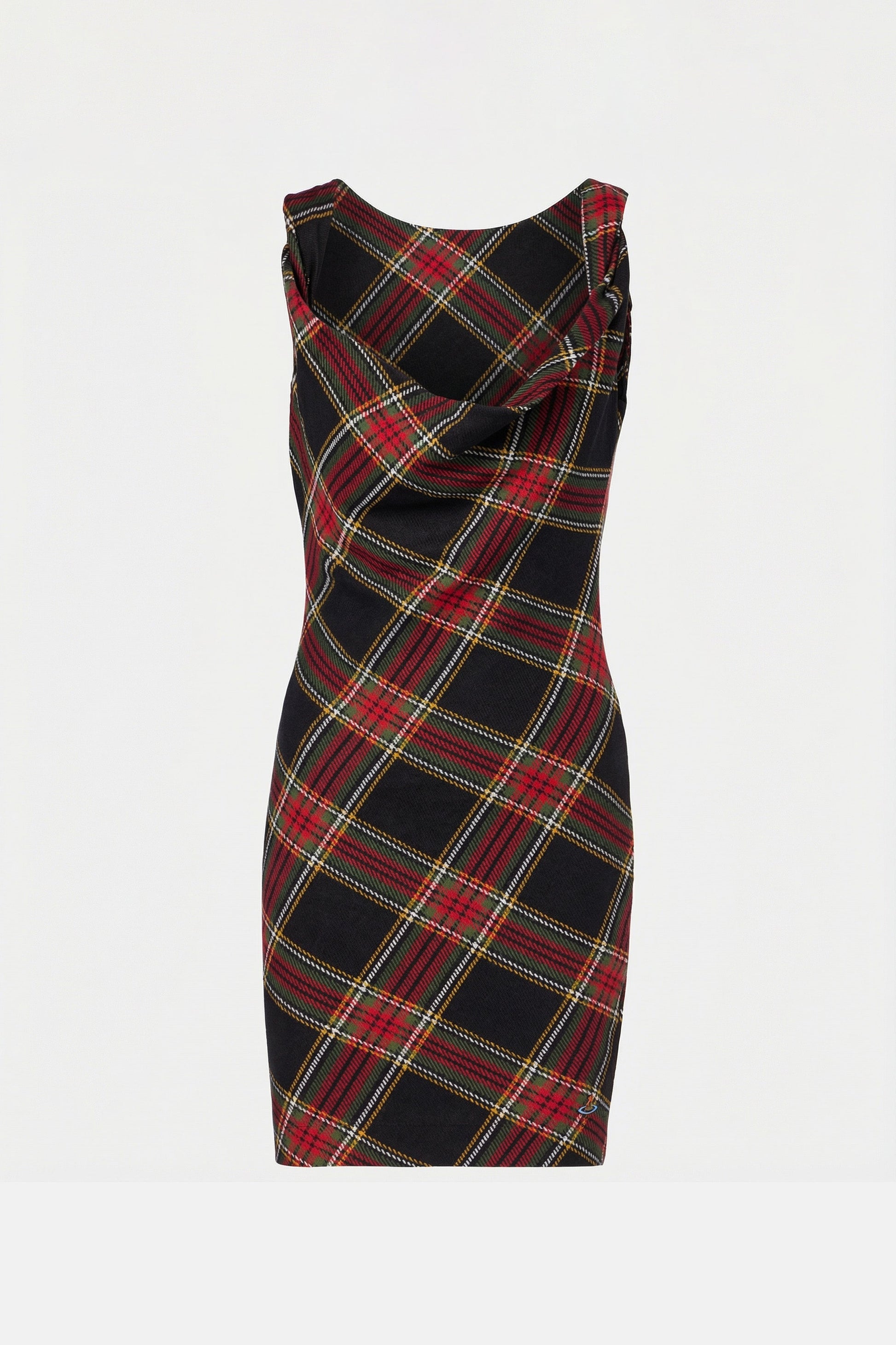 Sleeveless mini dress with plaid design and front draping. Front view.
