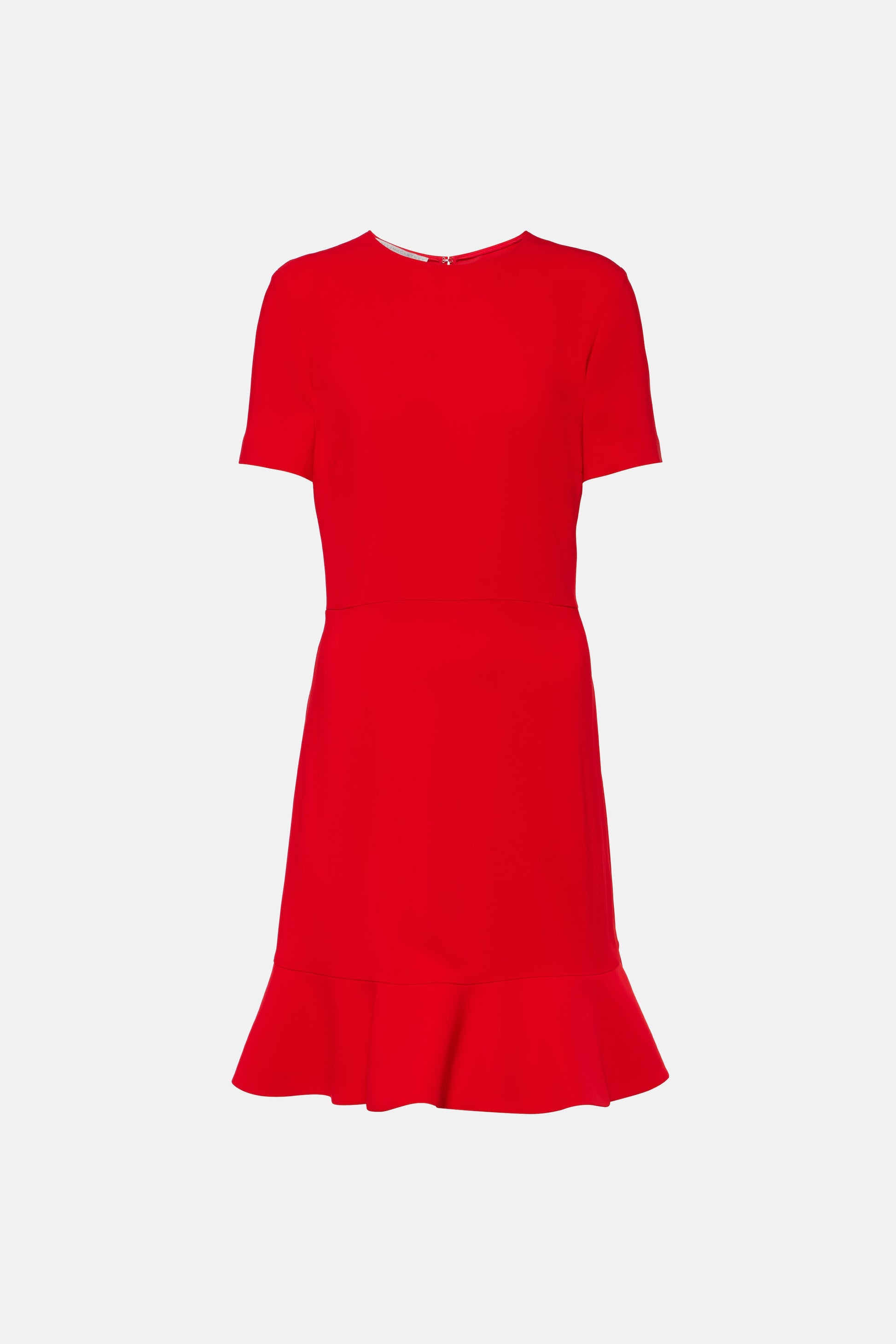 Front view of scarlet flounce hem dress with short sleeves, flared skirt detail.