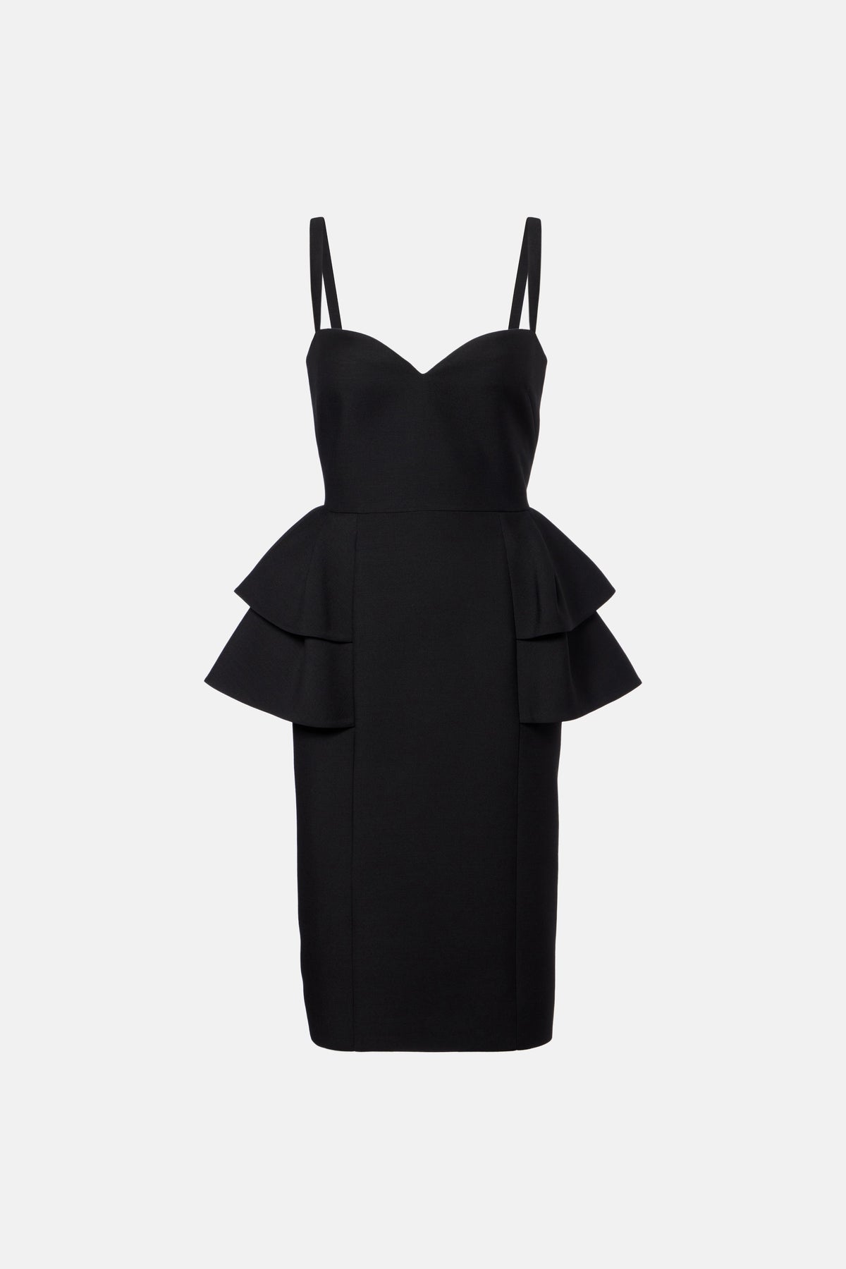 Front view of black sweetheart neckline dress with peplum detail.