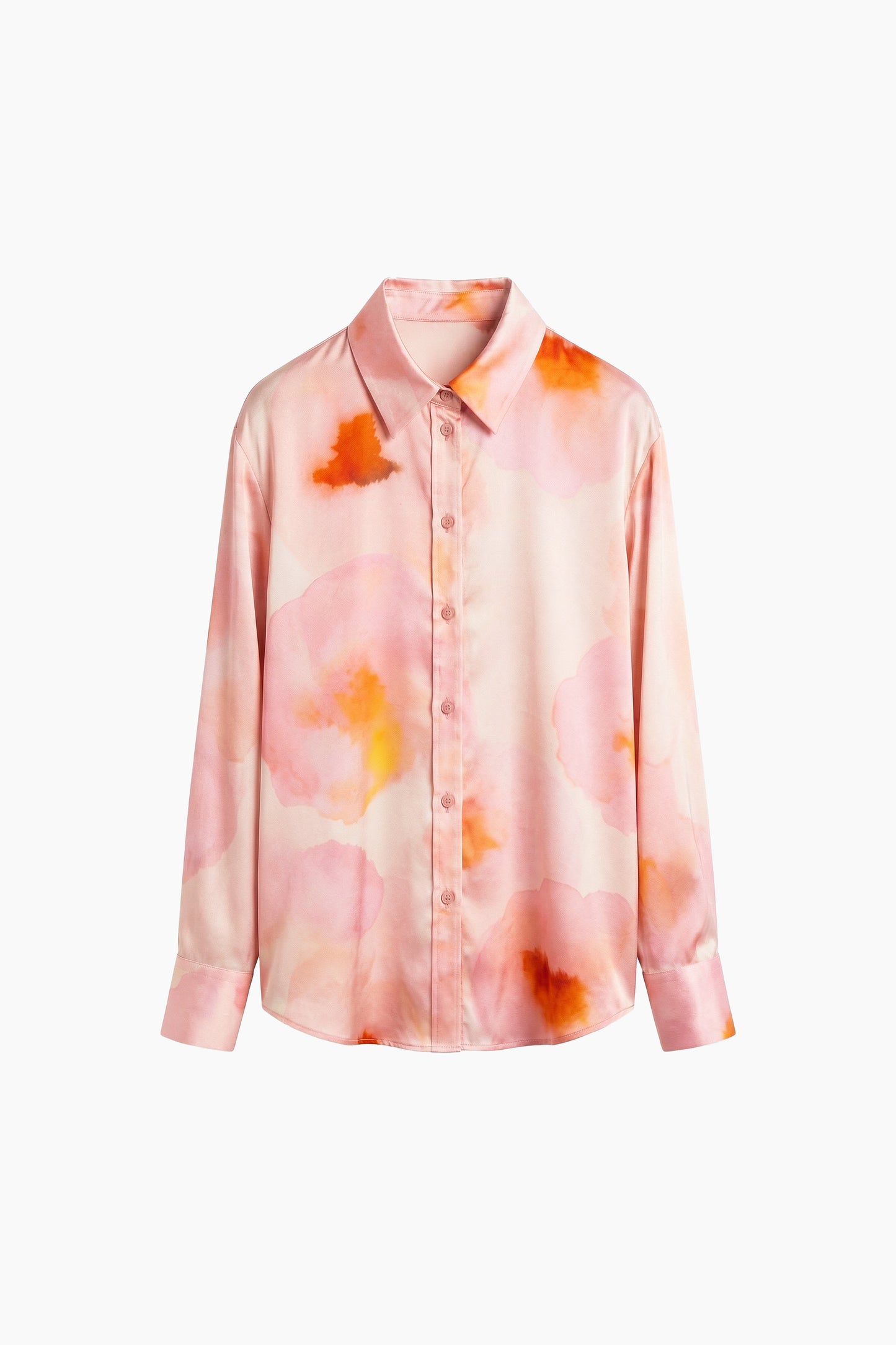 Front view of watercolor silk shirt, pink and orange floral patterns, button-down design.