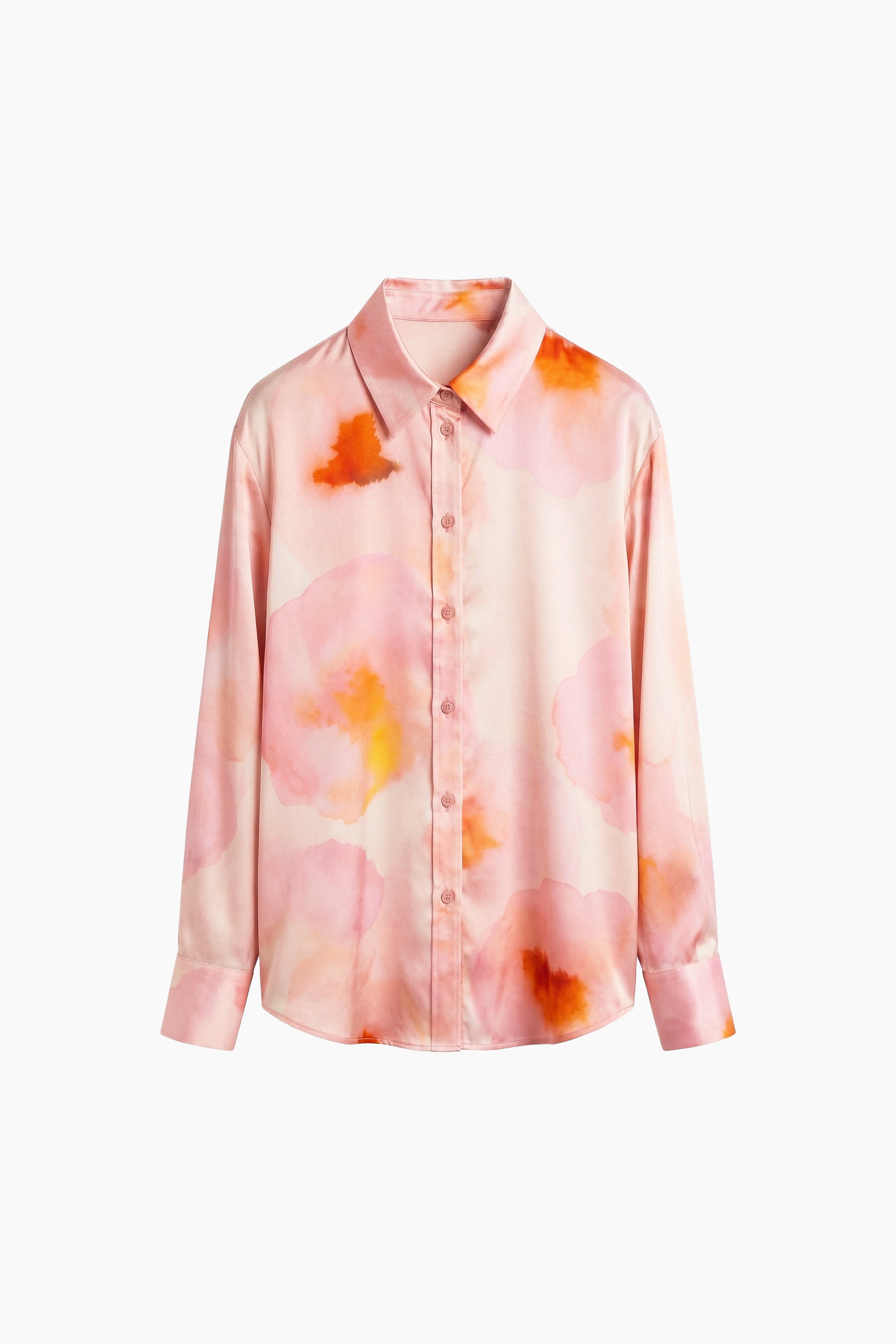 Front view of watercolor silk shirt, pink and orange floral patterns, button-down design.