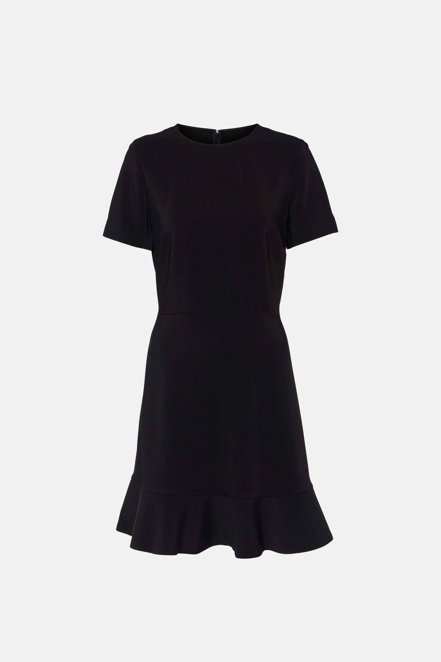 Front view of black ruffle hem dress with short sleeves and round neckline.
