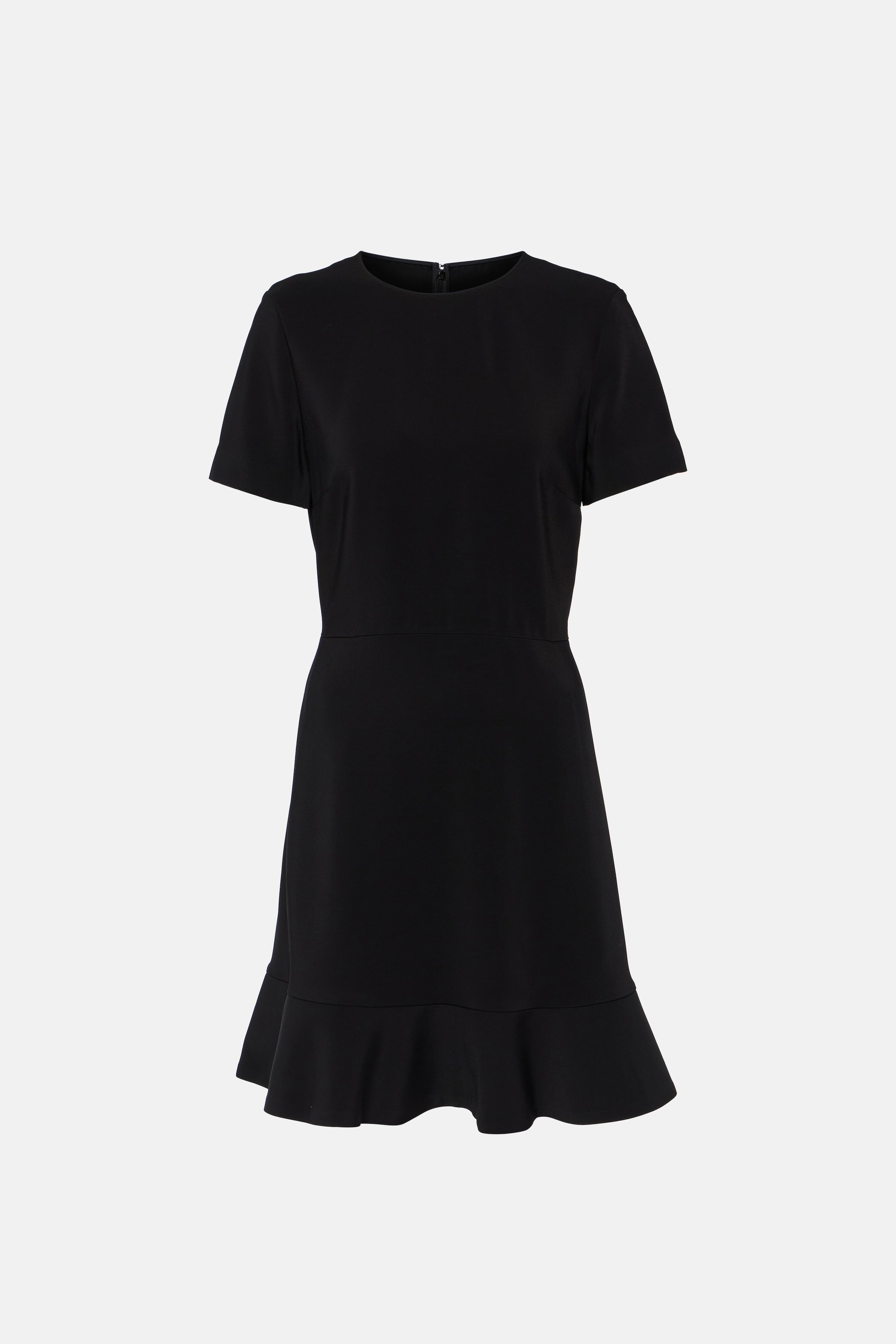 Front view of black ruffle hem dress with short sleeves and round neckline.