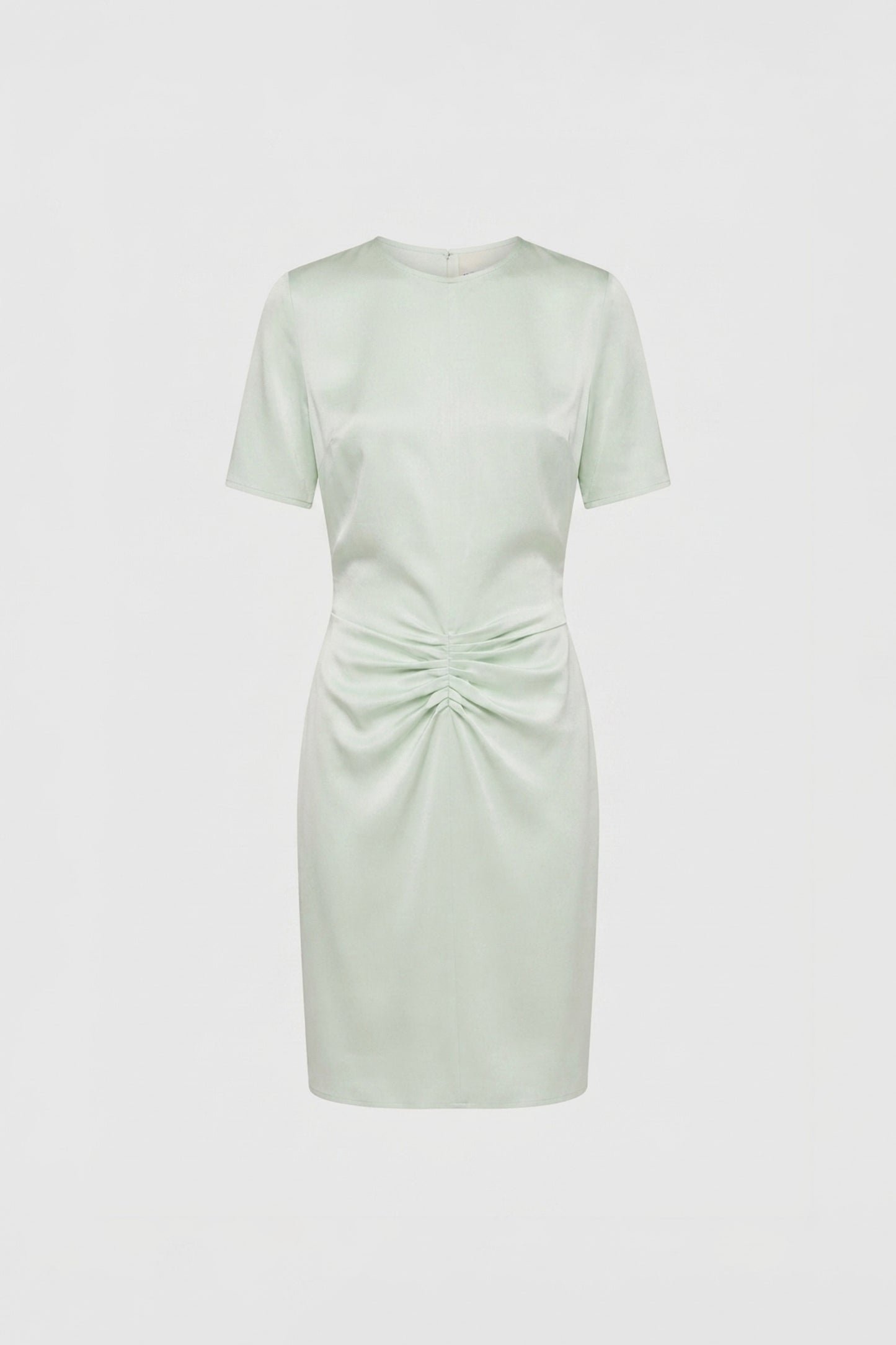 Front view of mint ruched satin dress with short sleeves and gathered waist.