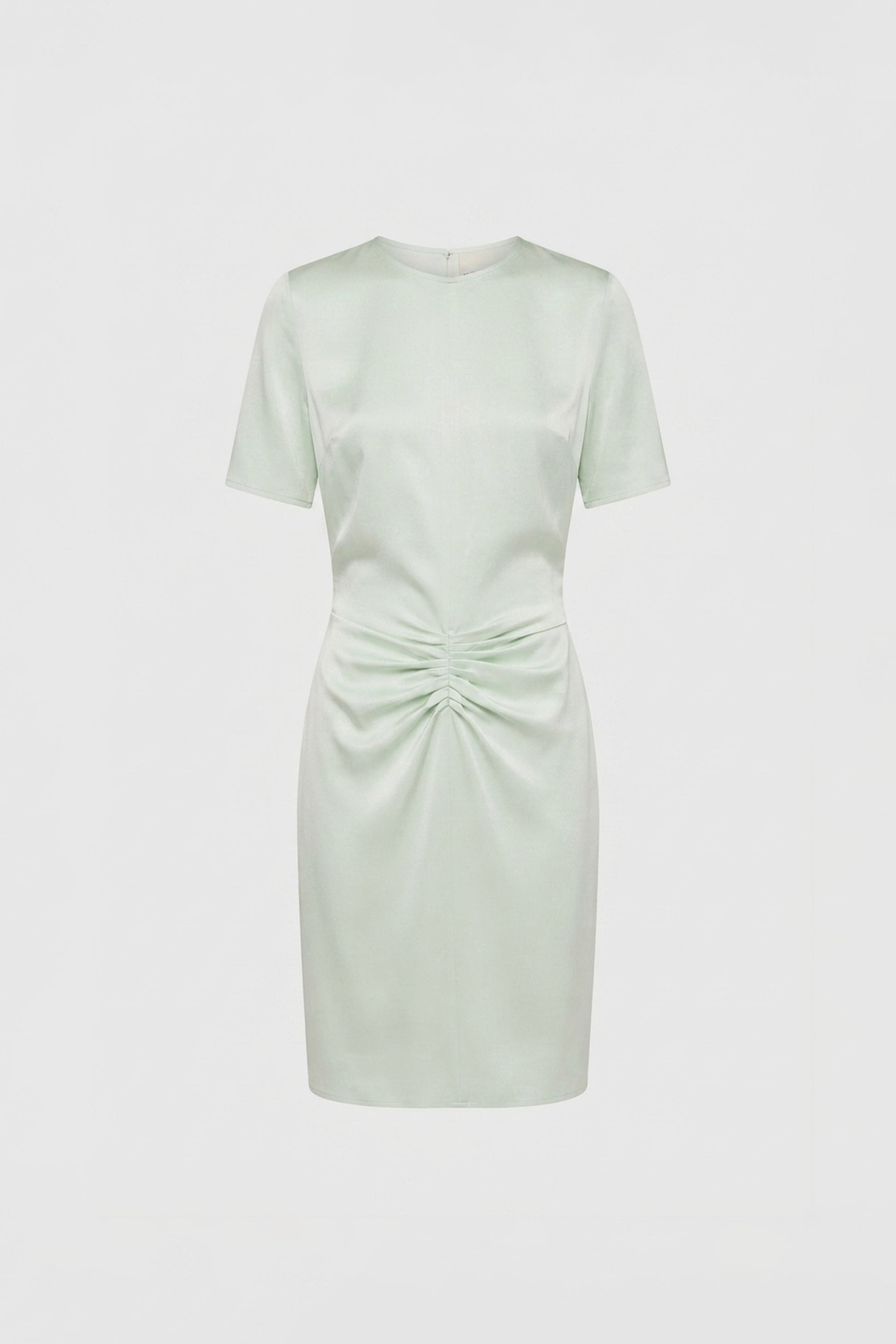 Front view of mint ruched satin dress with short sleeves and gathered waist.
