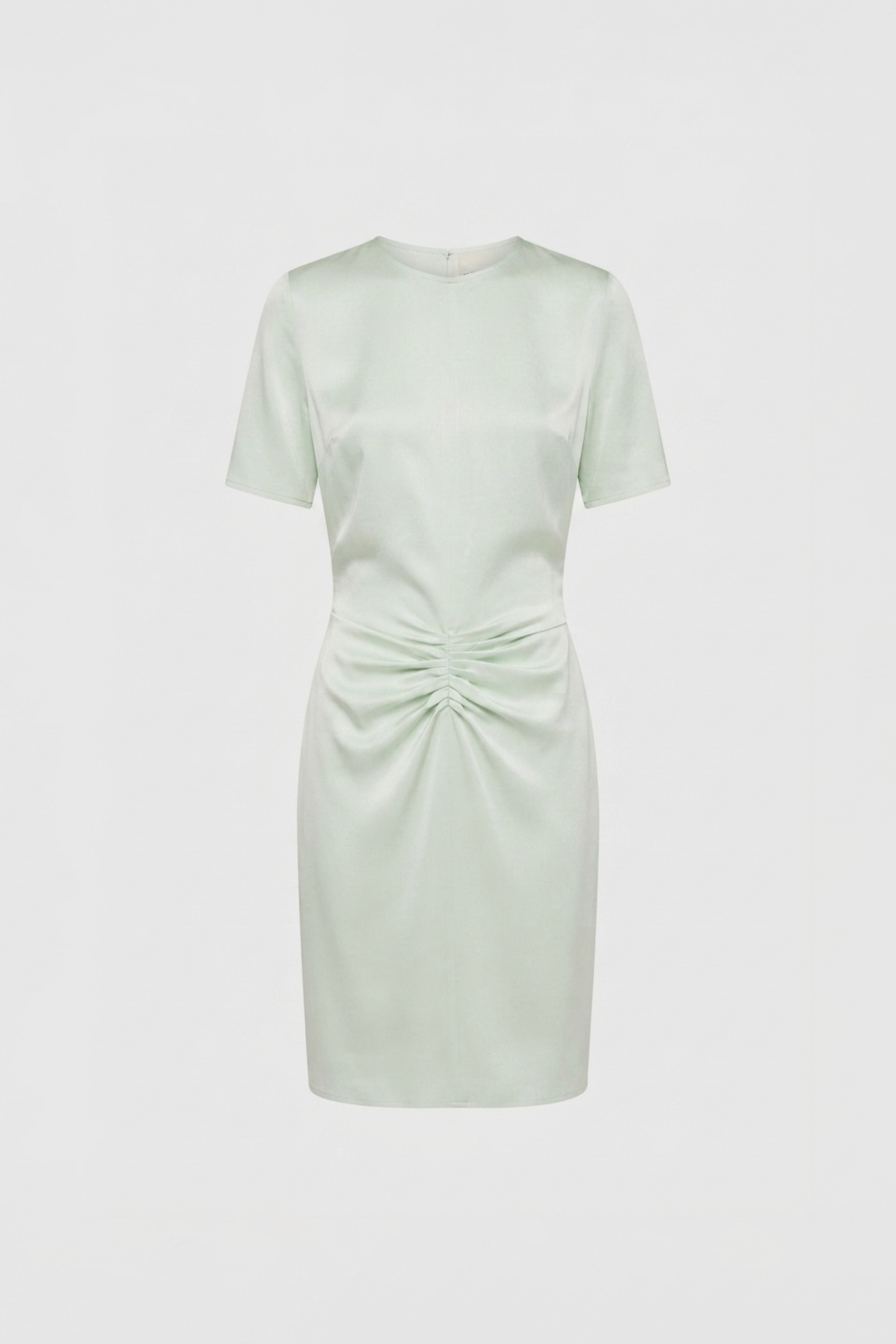 Front view of mint ruched satin dress with short sleeves and gathered waist.