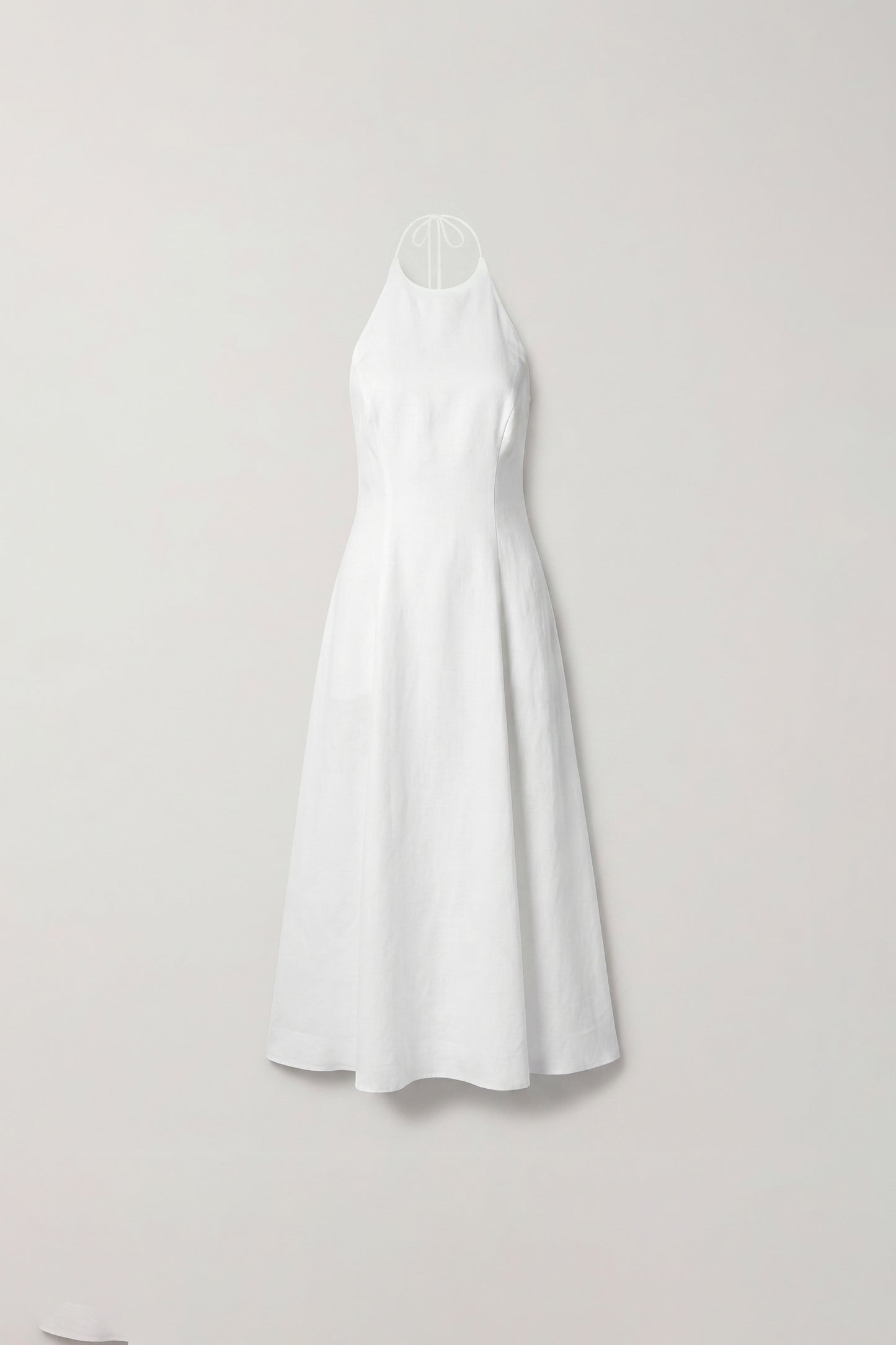 White halter midi dress, front view, full length, minimalist design, elegant fit.