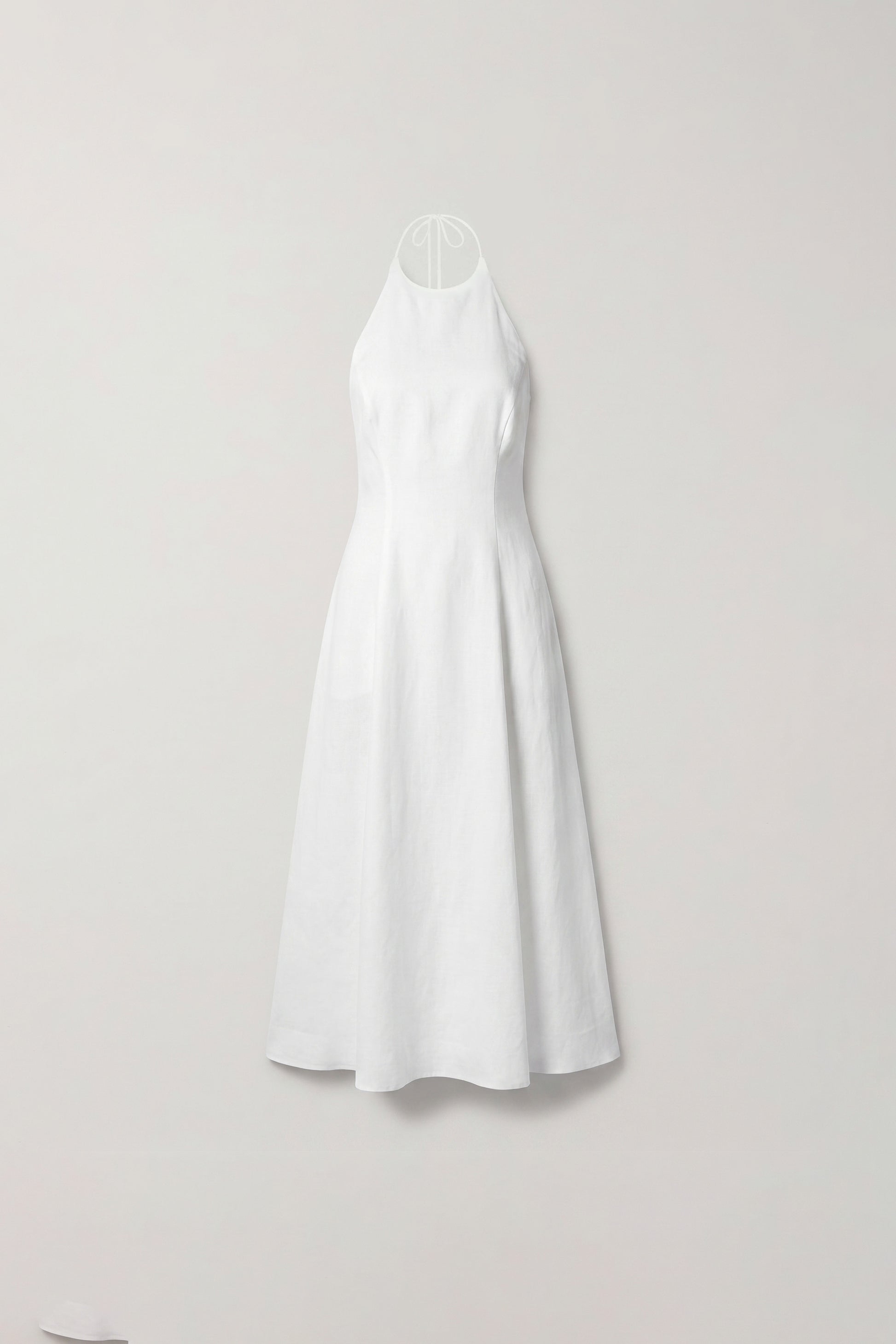 White halter midi dress, front view, full length, minimalist design, elegant fit.