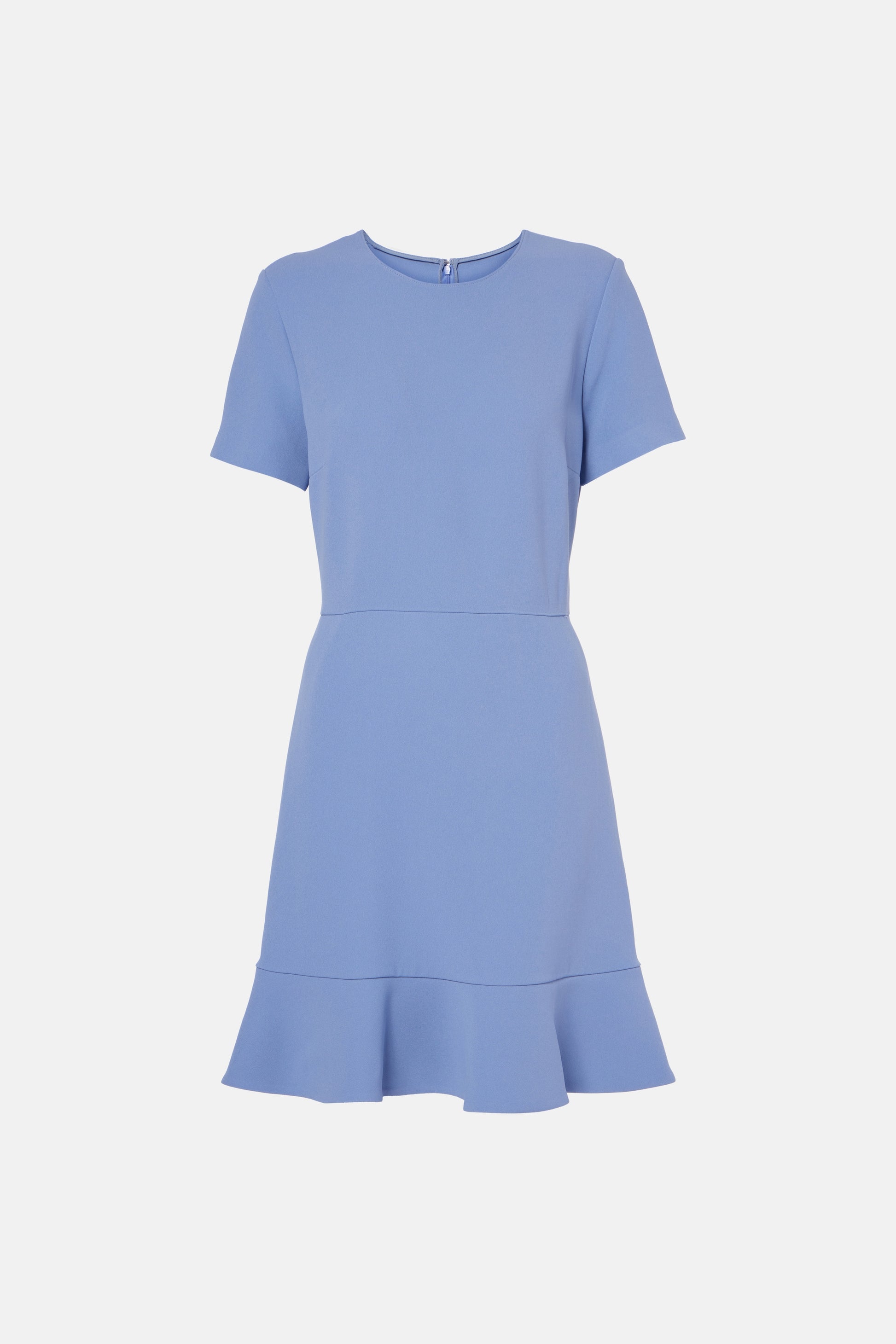 Lavender flounce hem dress, short sleeves, crew neckline, front view.