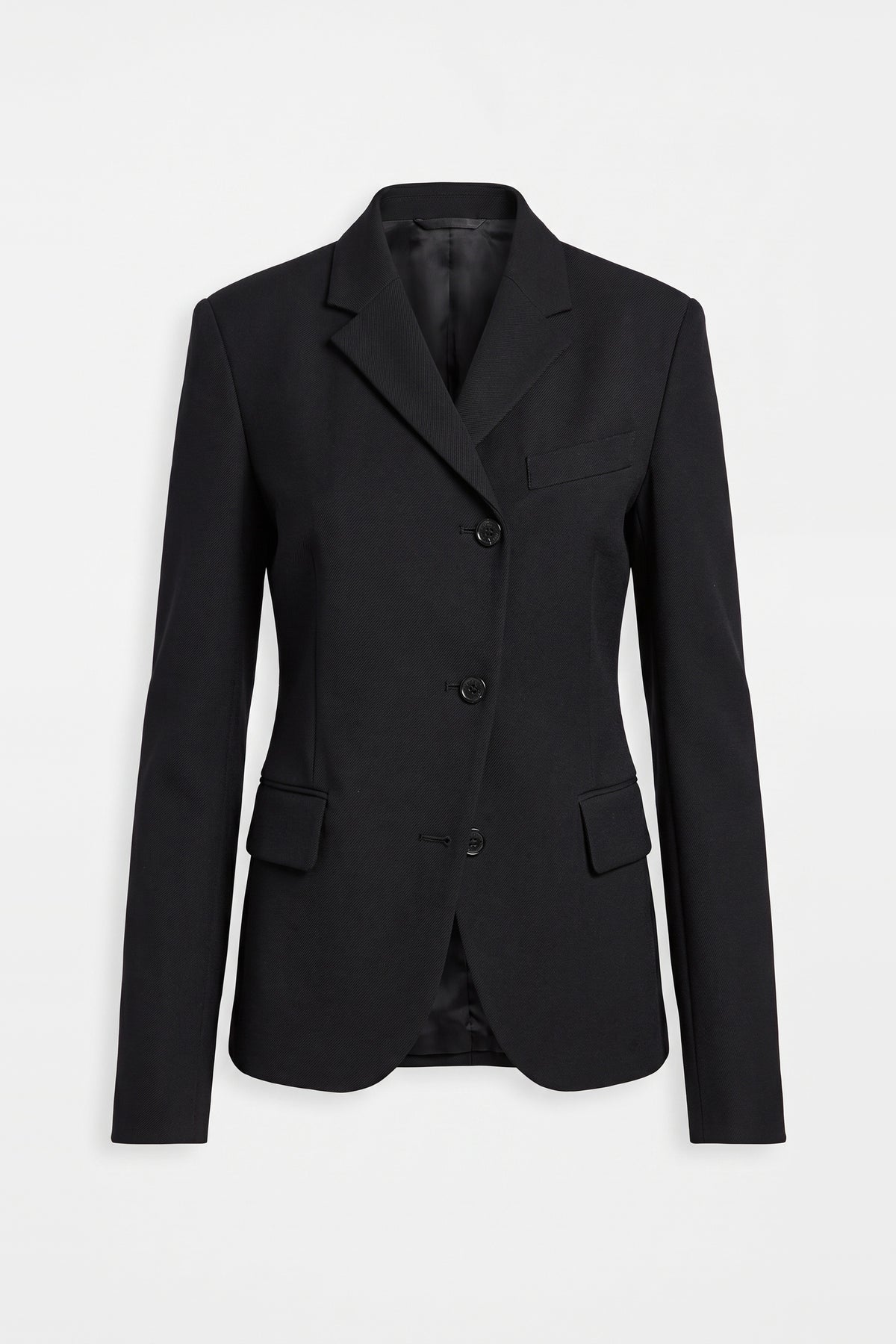Front view of tailored black suit jacket with notch lapels and button closure.