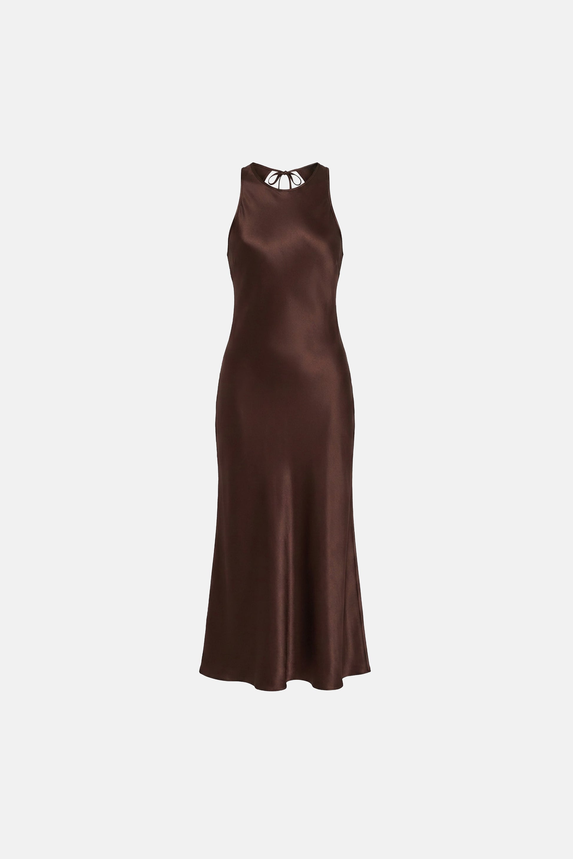 Front view of chocolate satin midi dress with keyhole neckline detail.
