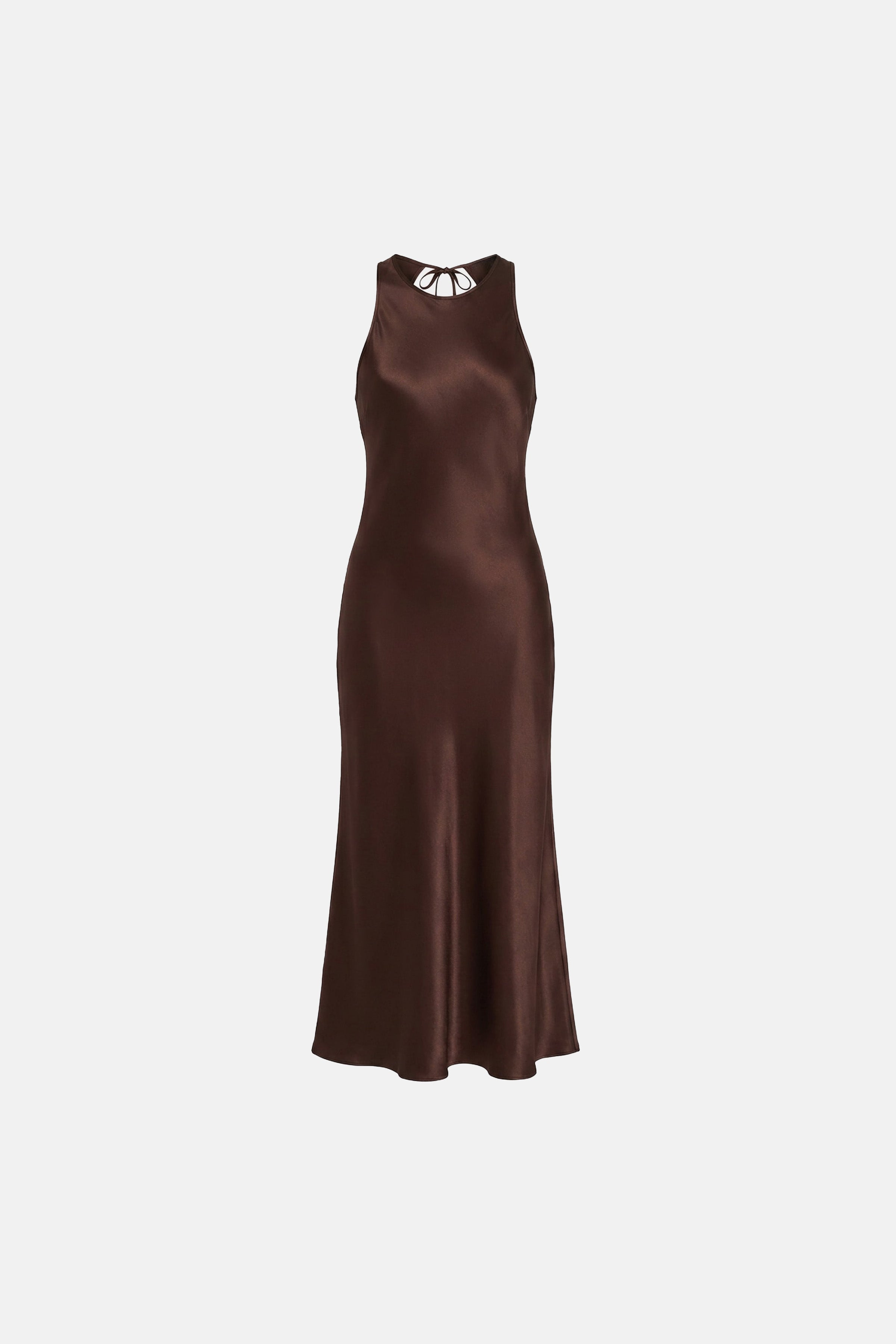 Front view of chocolate satin midi dress with keyhole neckline detail.