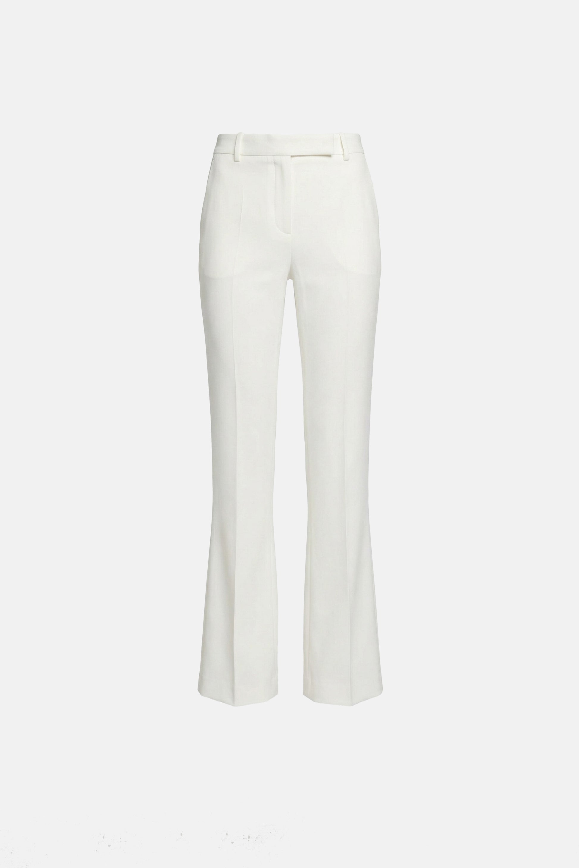 Ivory tailored flare pants front view, sleek design, subtle waistband detail.