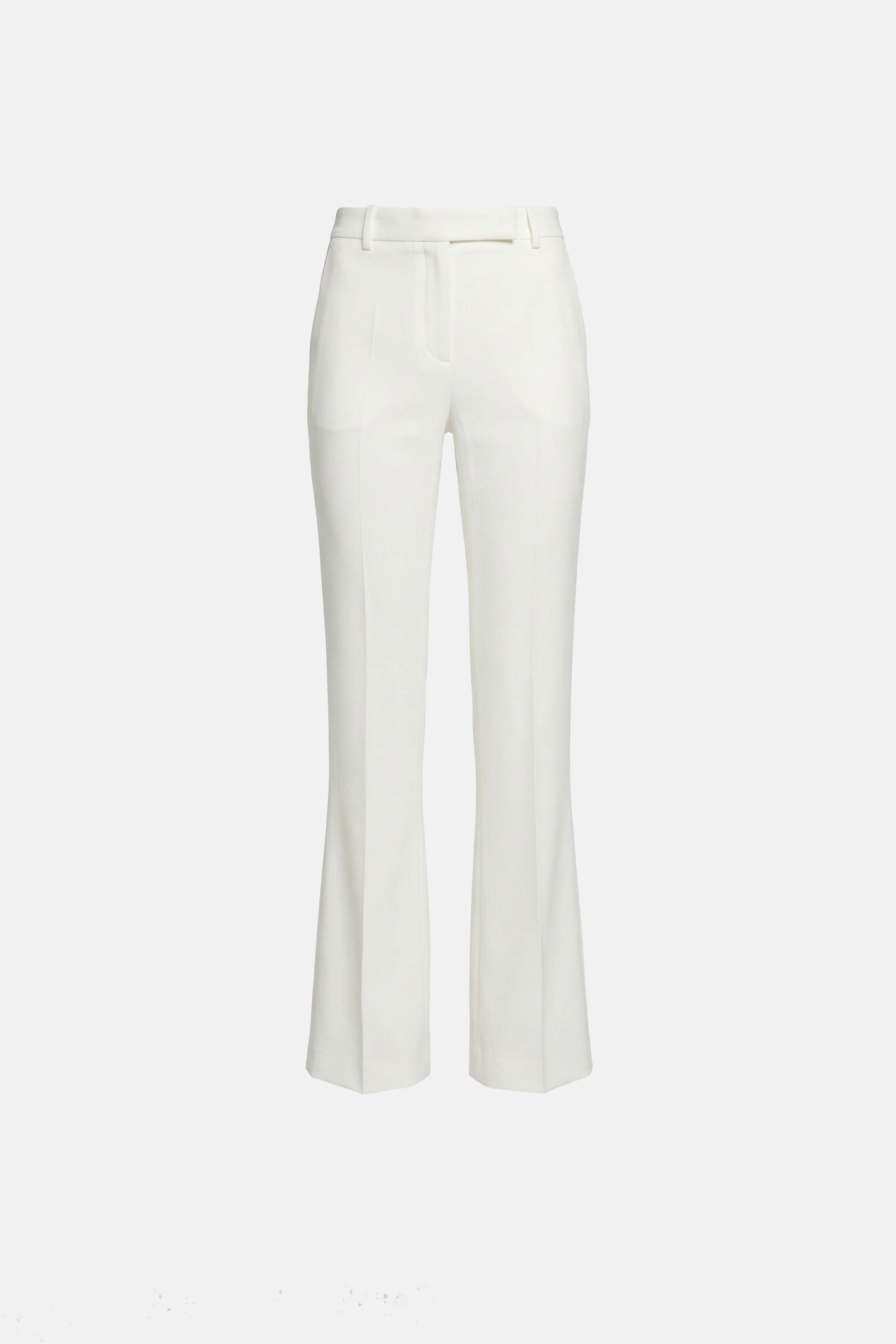 Ivory tailored flare pants front view, sleek design, subtle waistband detail.
