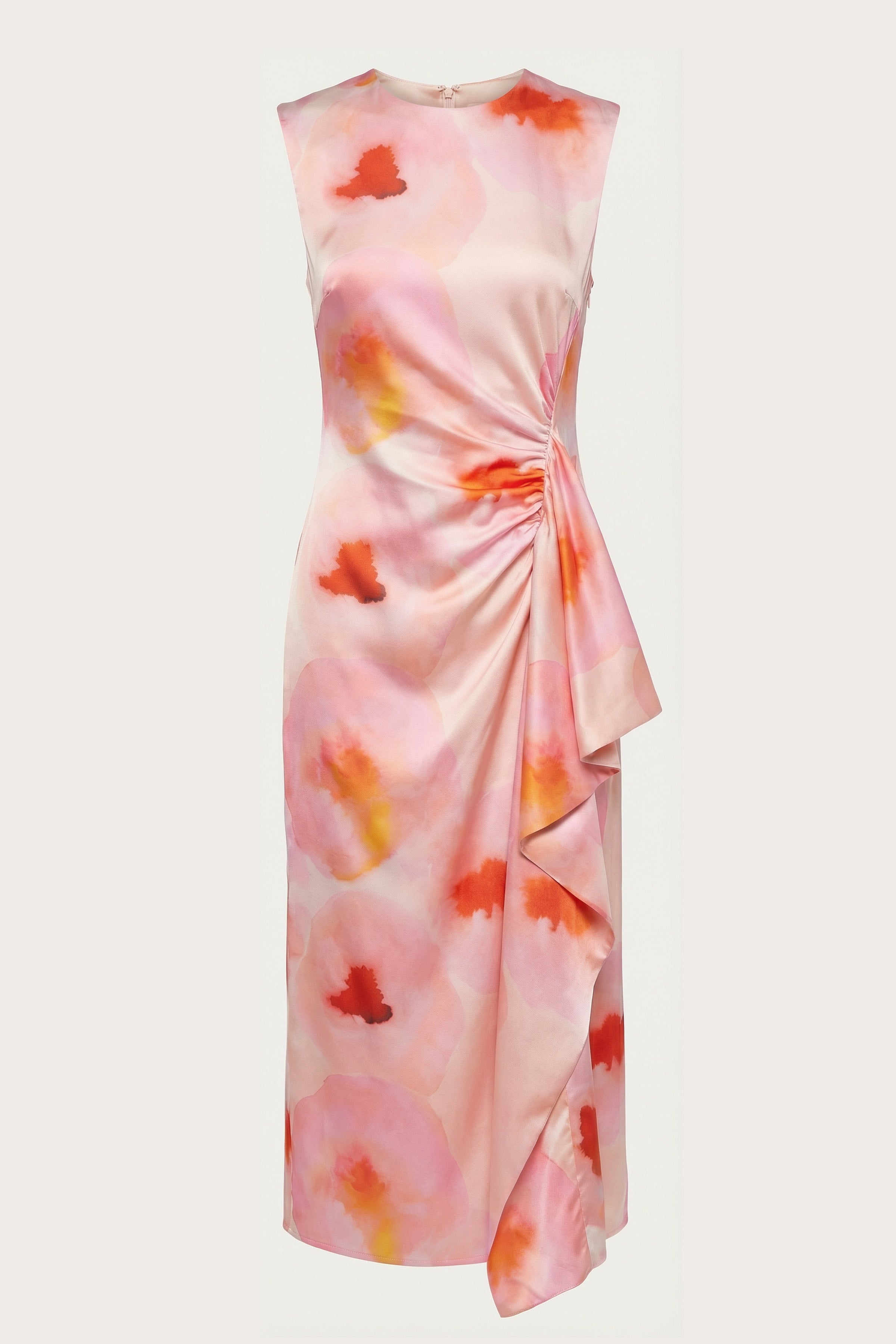 Front view of watercolor print midi dress with ruched side detail and floral pattern.