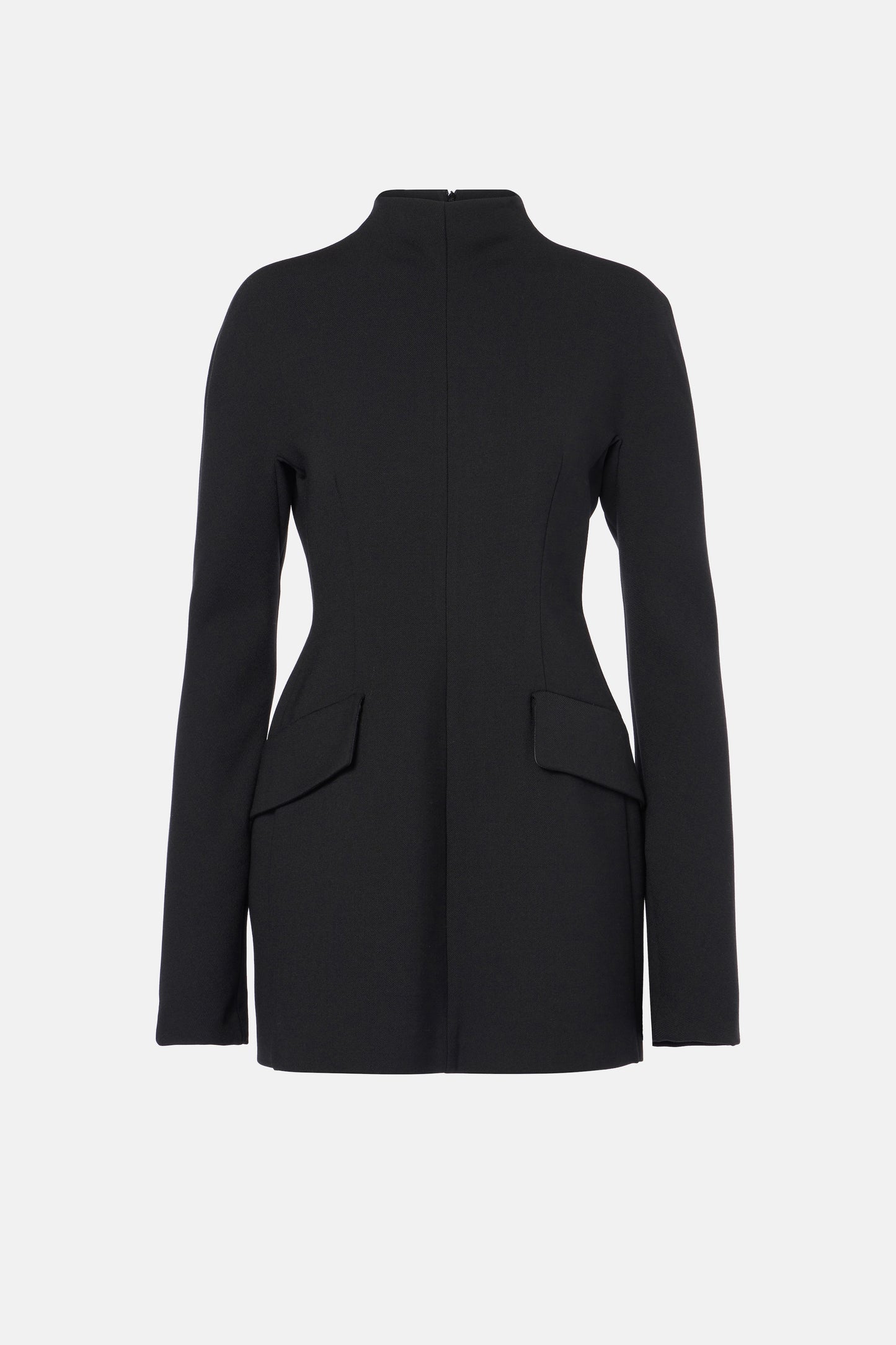 Back view of black tailored mini dress with structured fit and flap pockets.