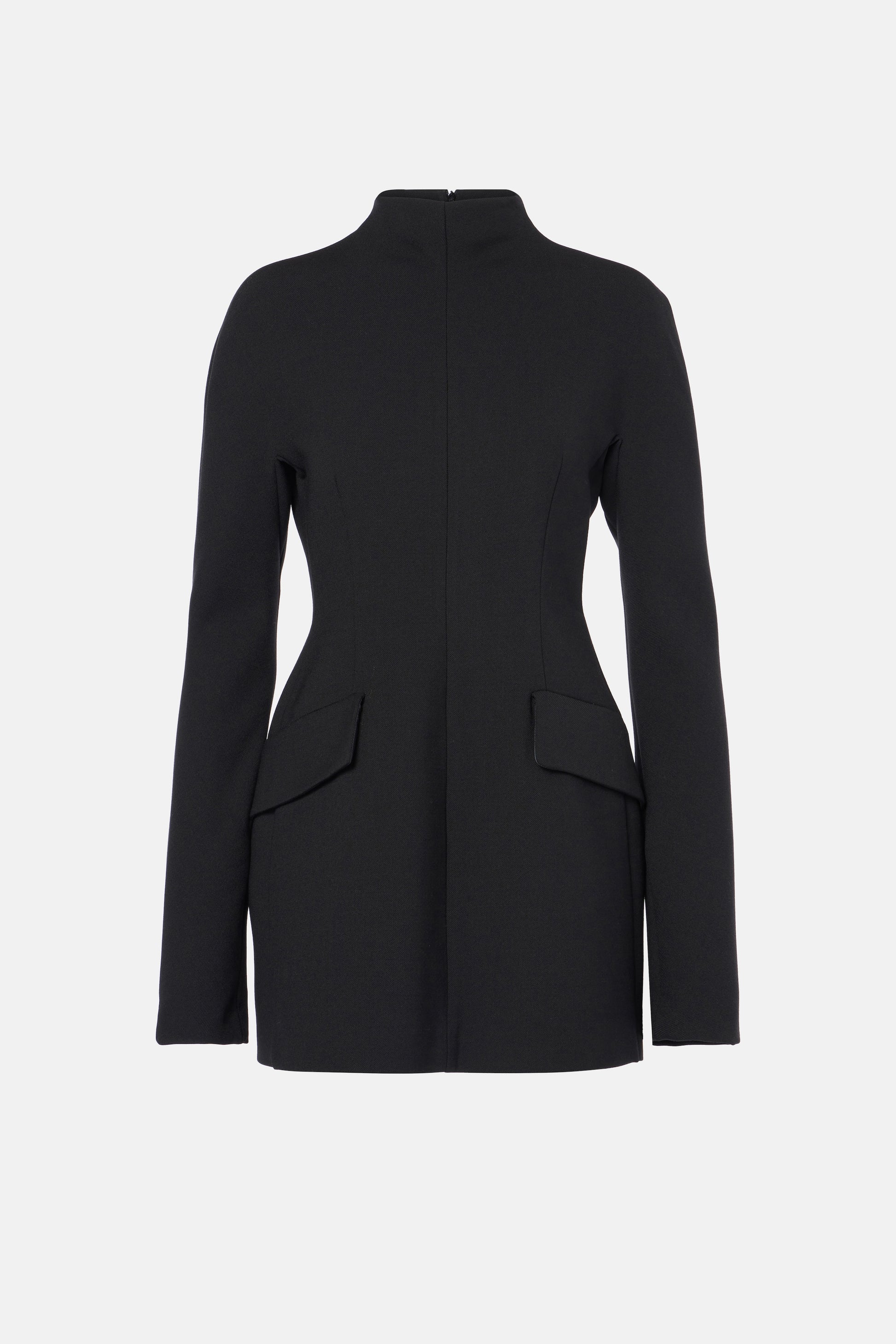Back view of black tailored mini dress with structured fit and flap pockets.