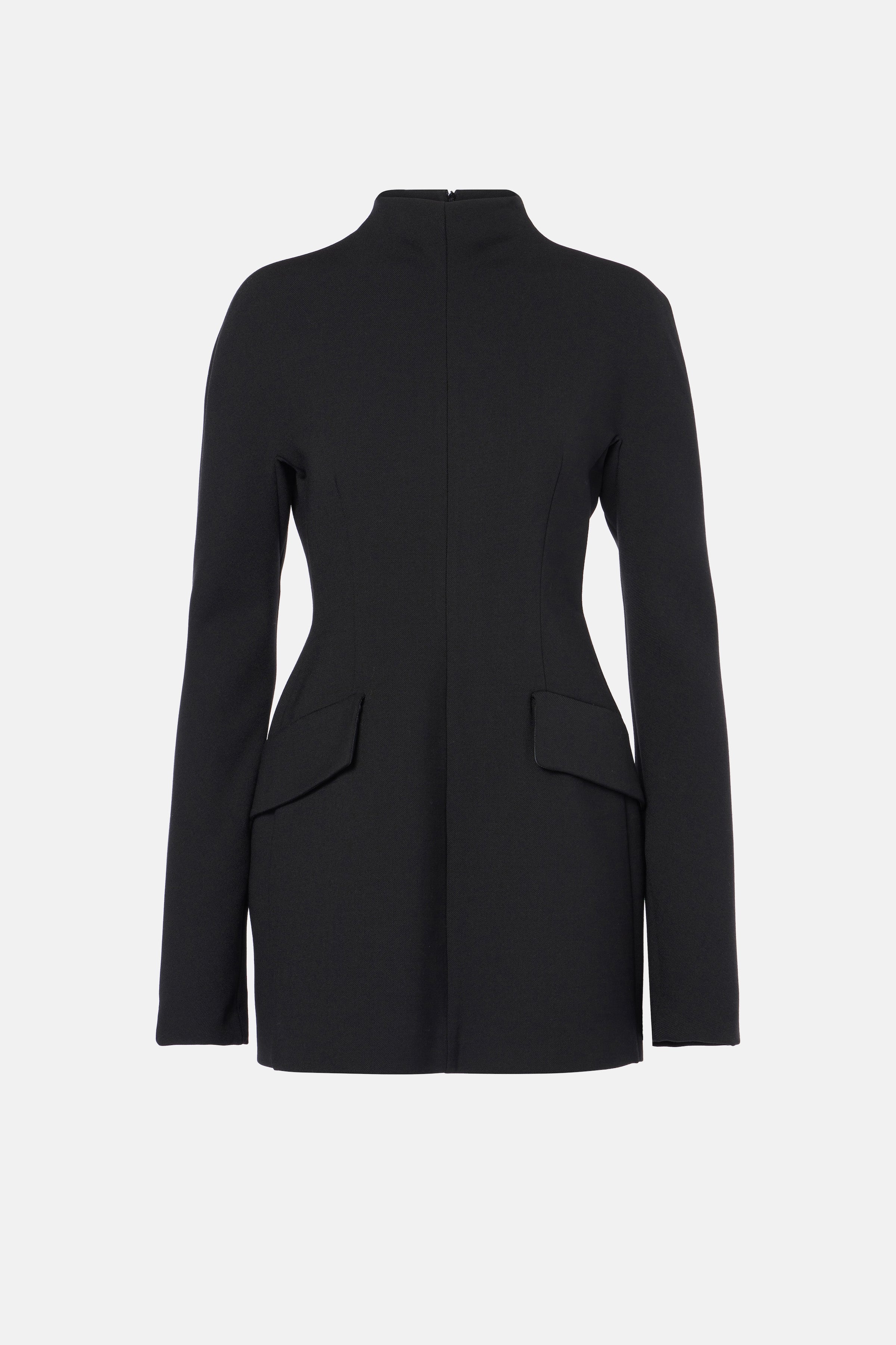 Back view of black tailored mini dress with structured fit and flap pockets.
