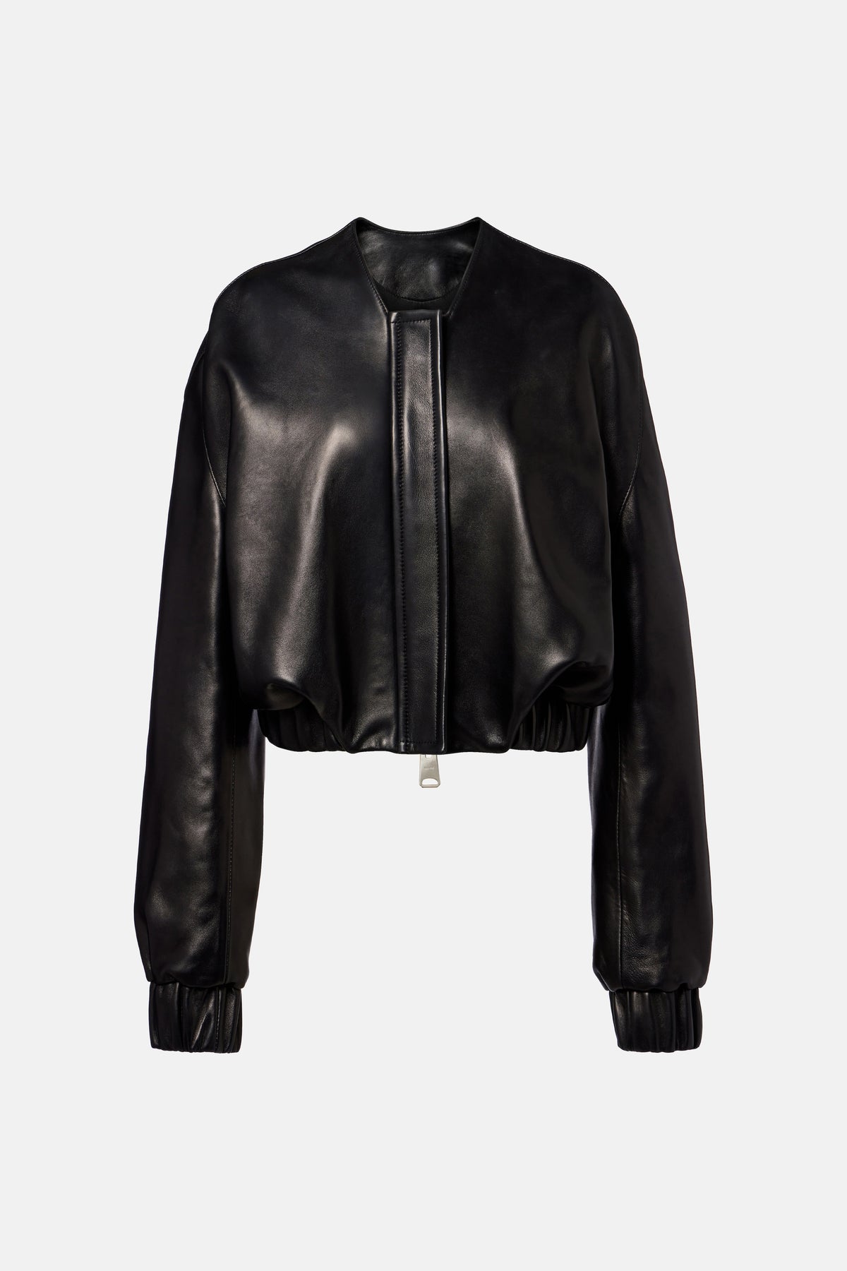 Black leather bomber jacket, front view, minimalist design, elastic cuffs and hem.