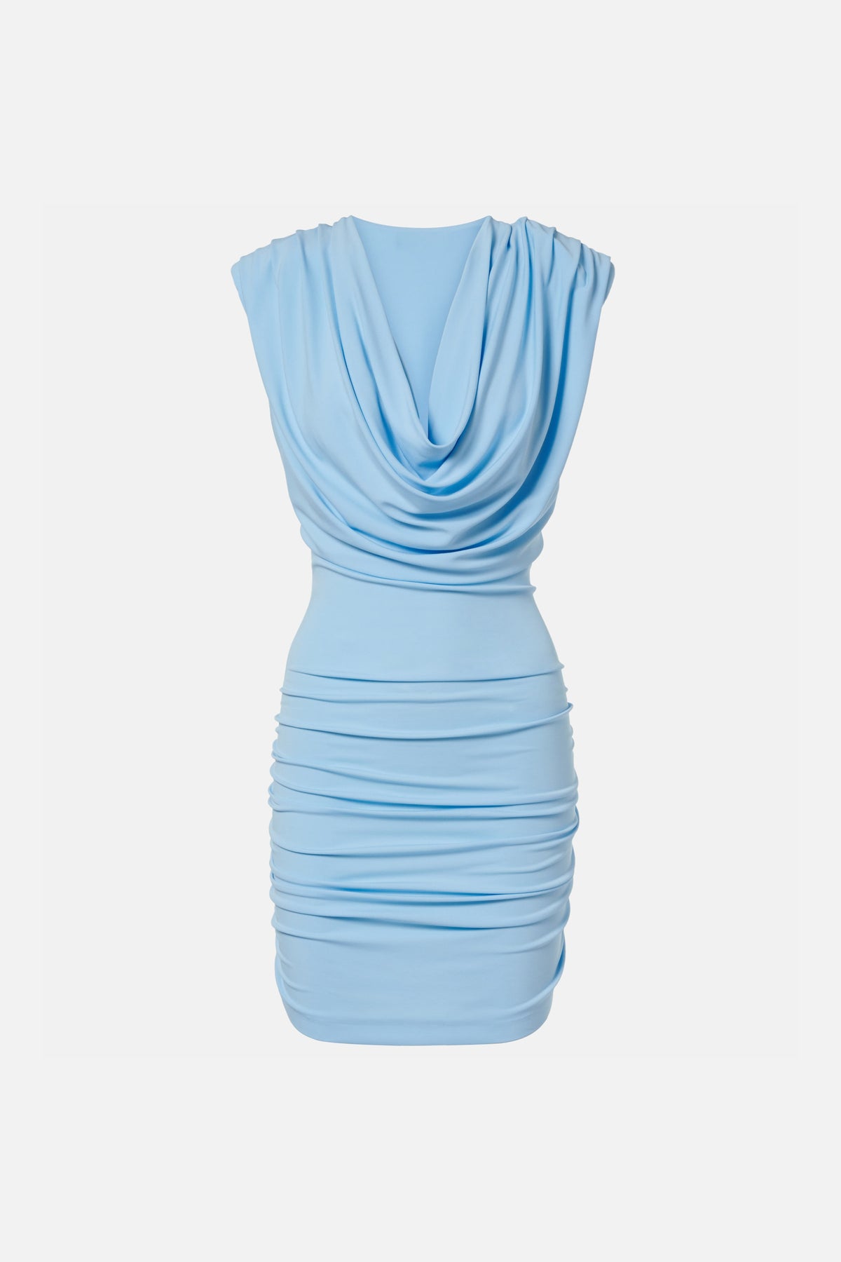 Sky blue draped mini dress, front view, elegant ruching, sleeveless design.