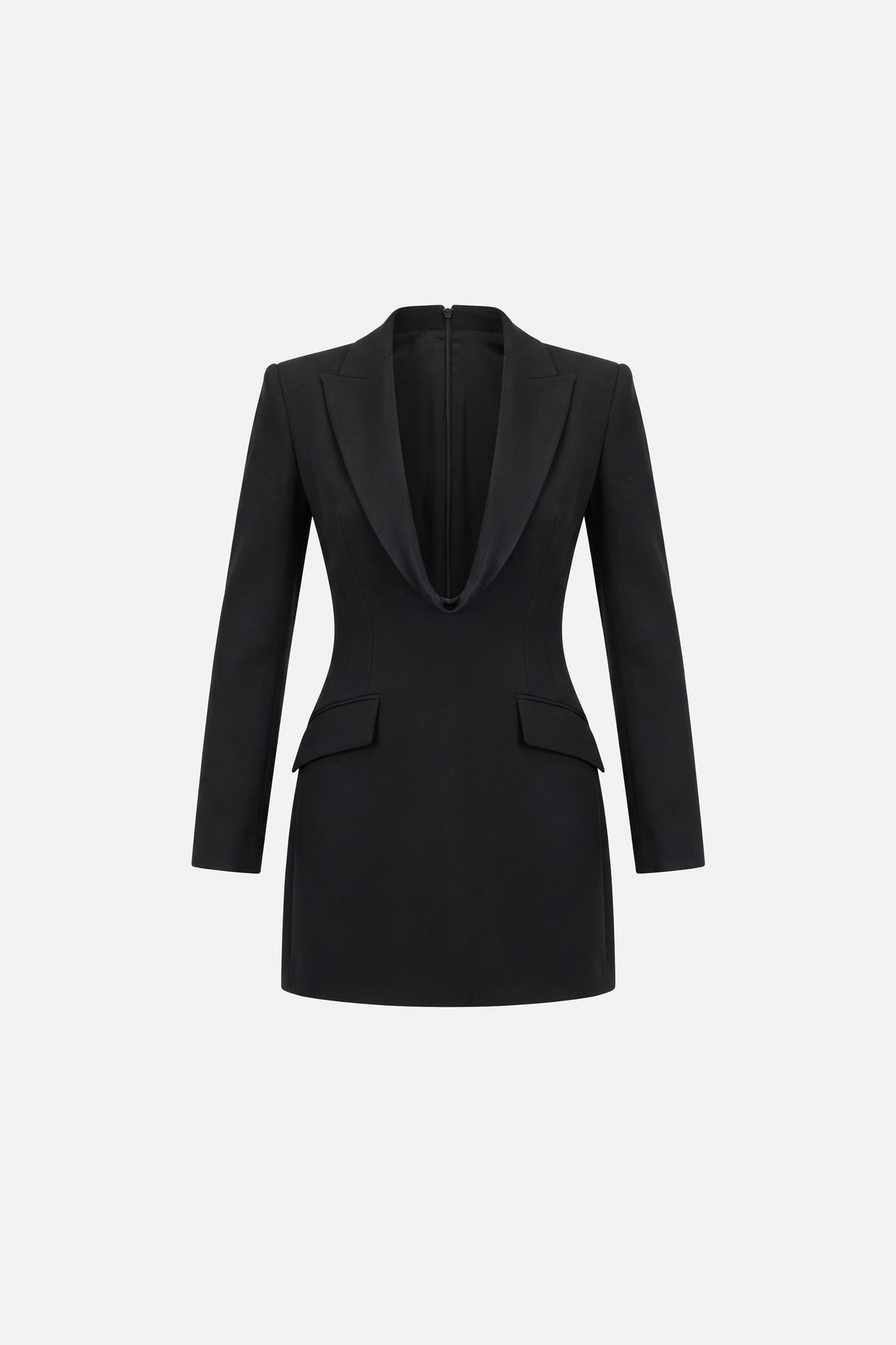 Black tuxedo mini dress, front view, long sleeves, deep lapel, fitted silhouette.