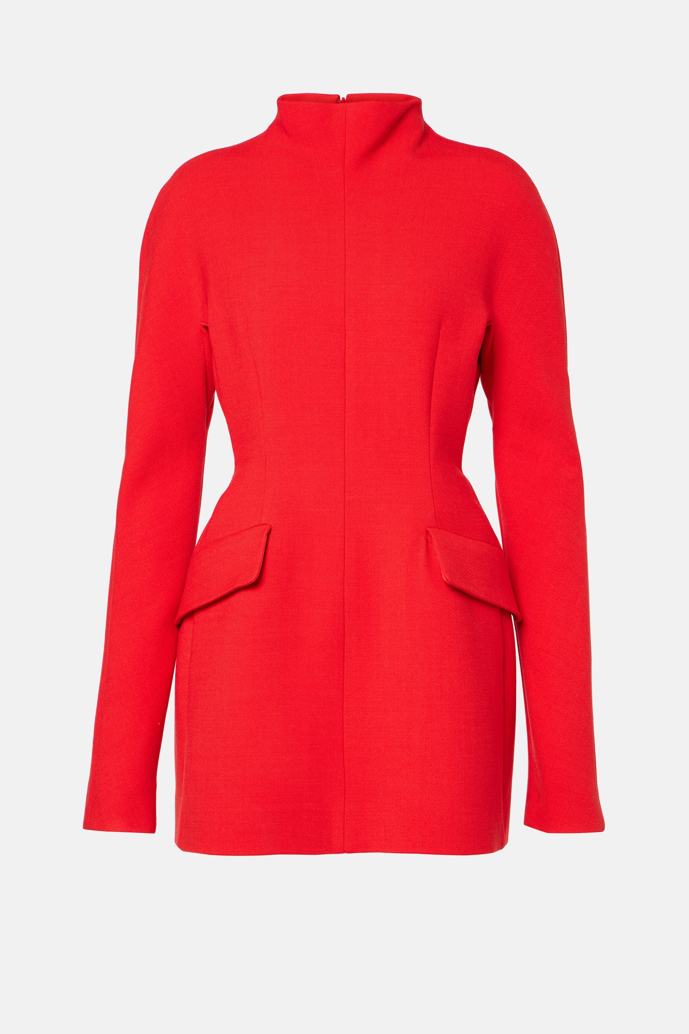 Front view of red structured mini dress with high neck and waist pockets.