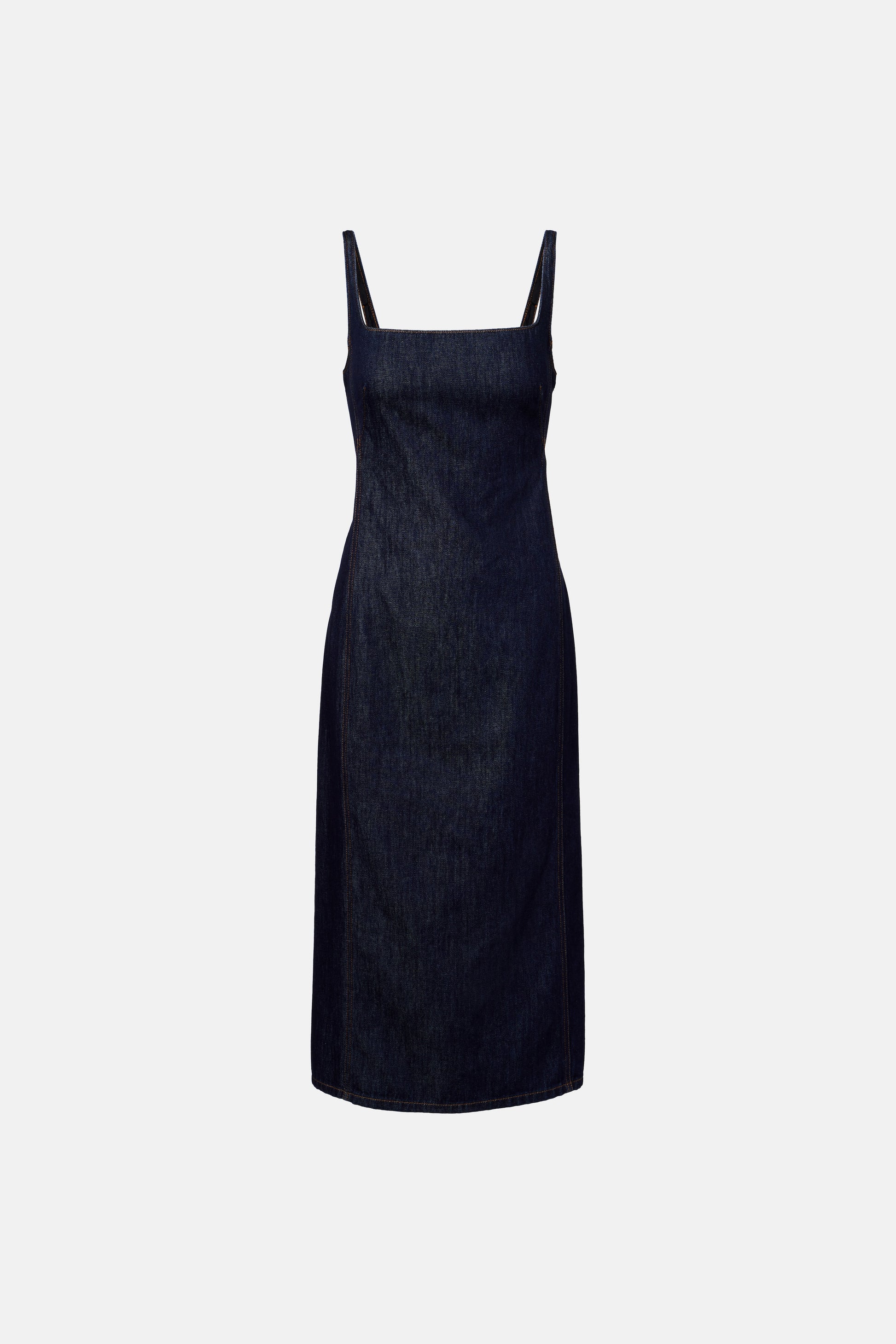 Denim square neck midi dress, front view, sleeveless, fitted silhouette.
