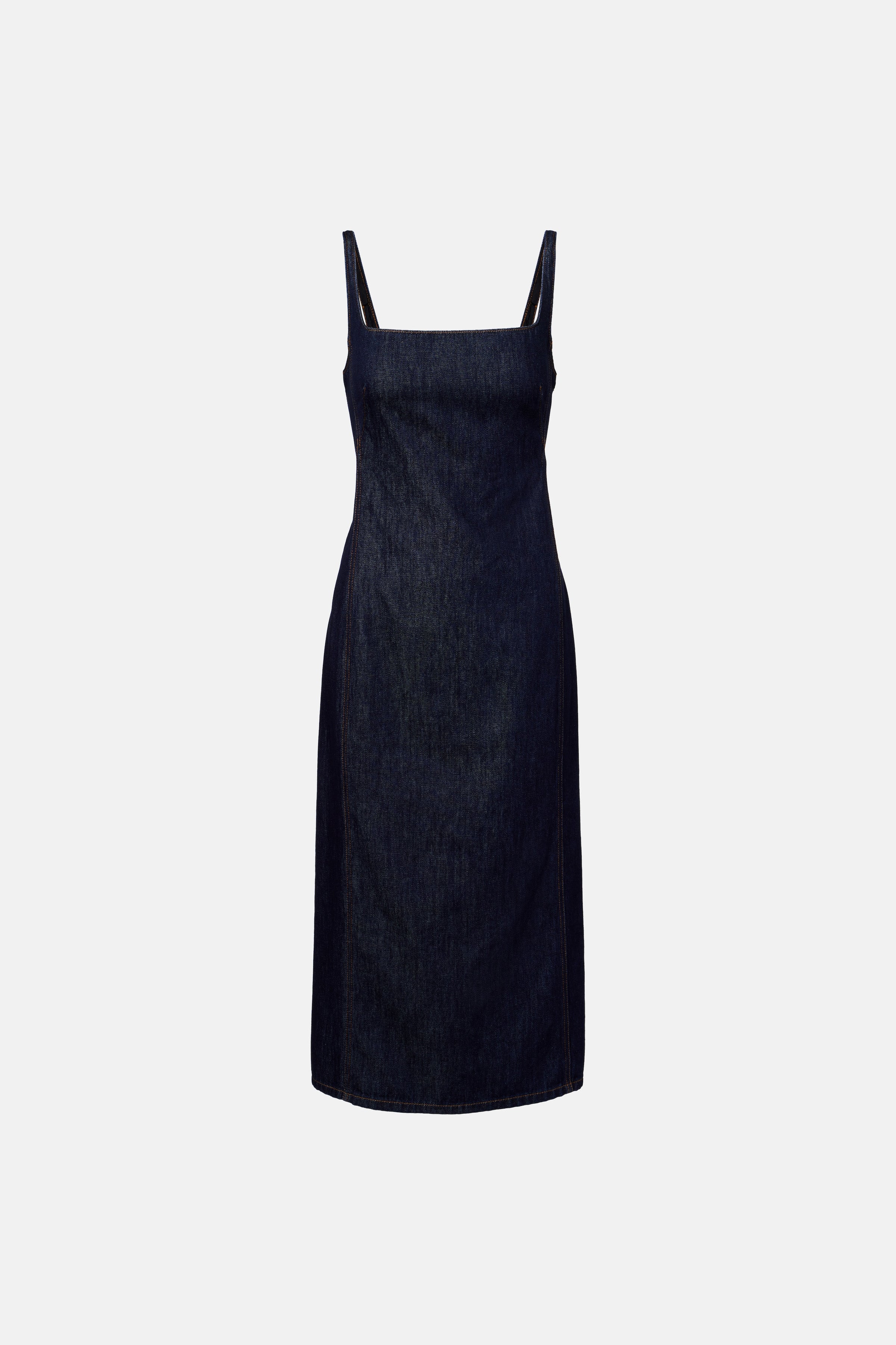 Denim square neck midi dress, front view, sleeveless, fitted silhouette.